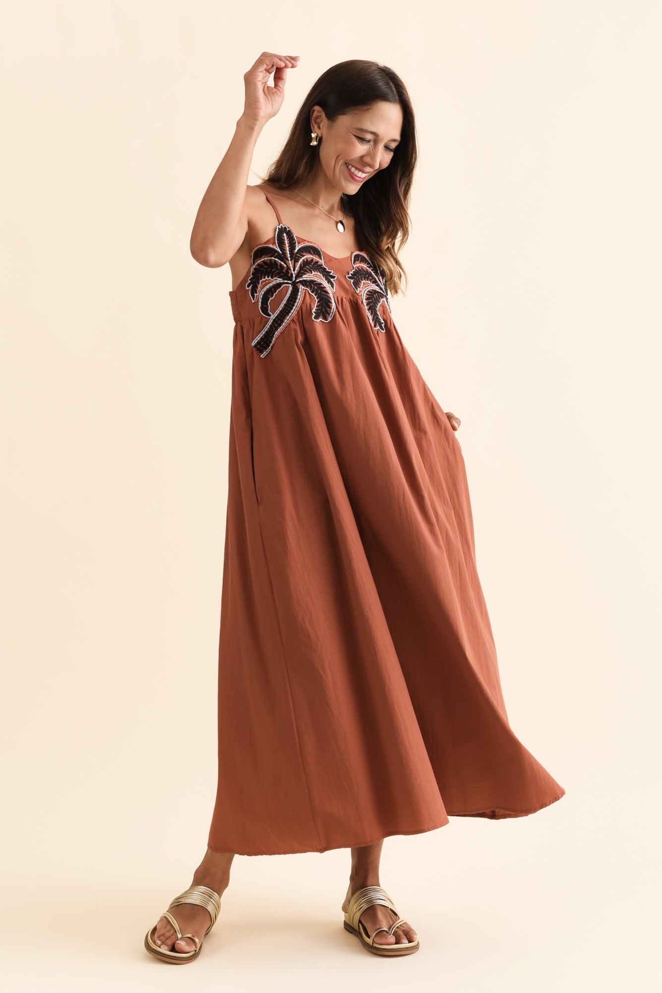 Essen Rust Cotton Poplin Embroidered Dress