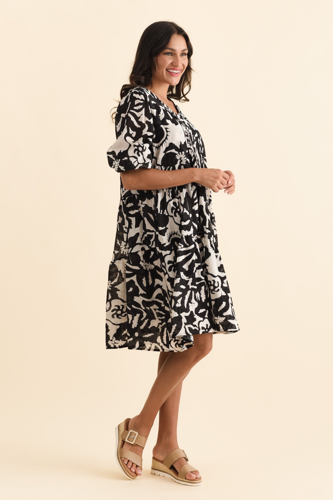 Esta Black Tropical Sleeved Dress