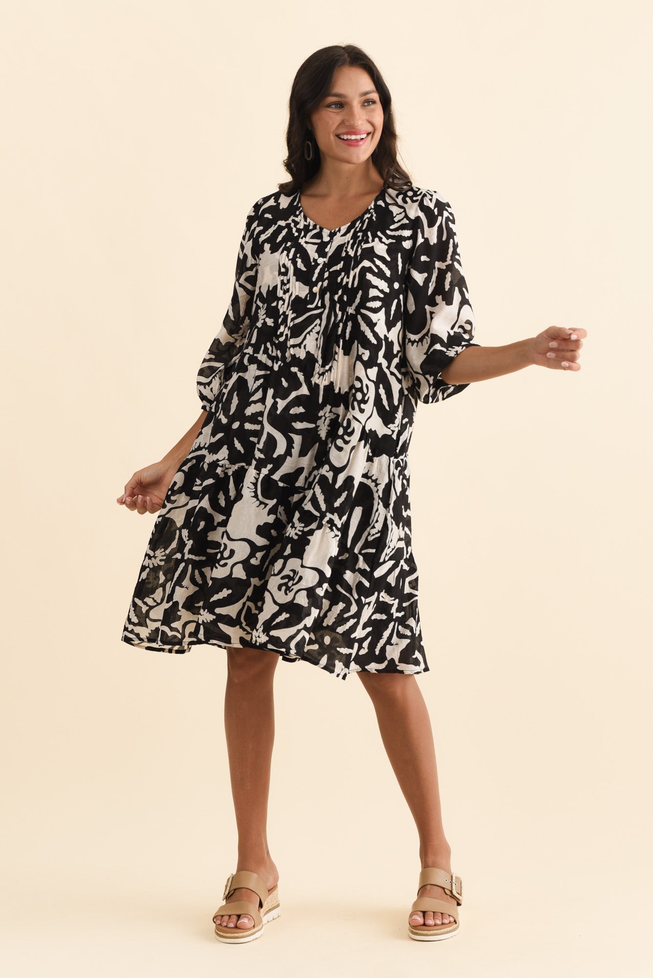 Esta Black Tropical Sleeved Dress