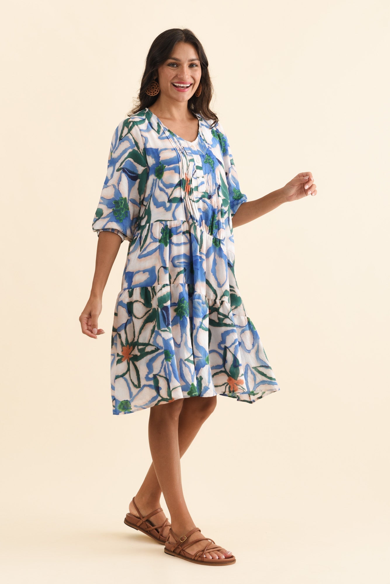 Esta Green Flower Sleeved Dress