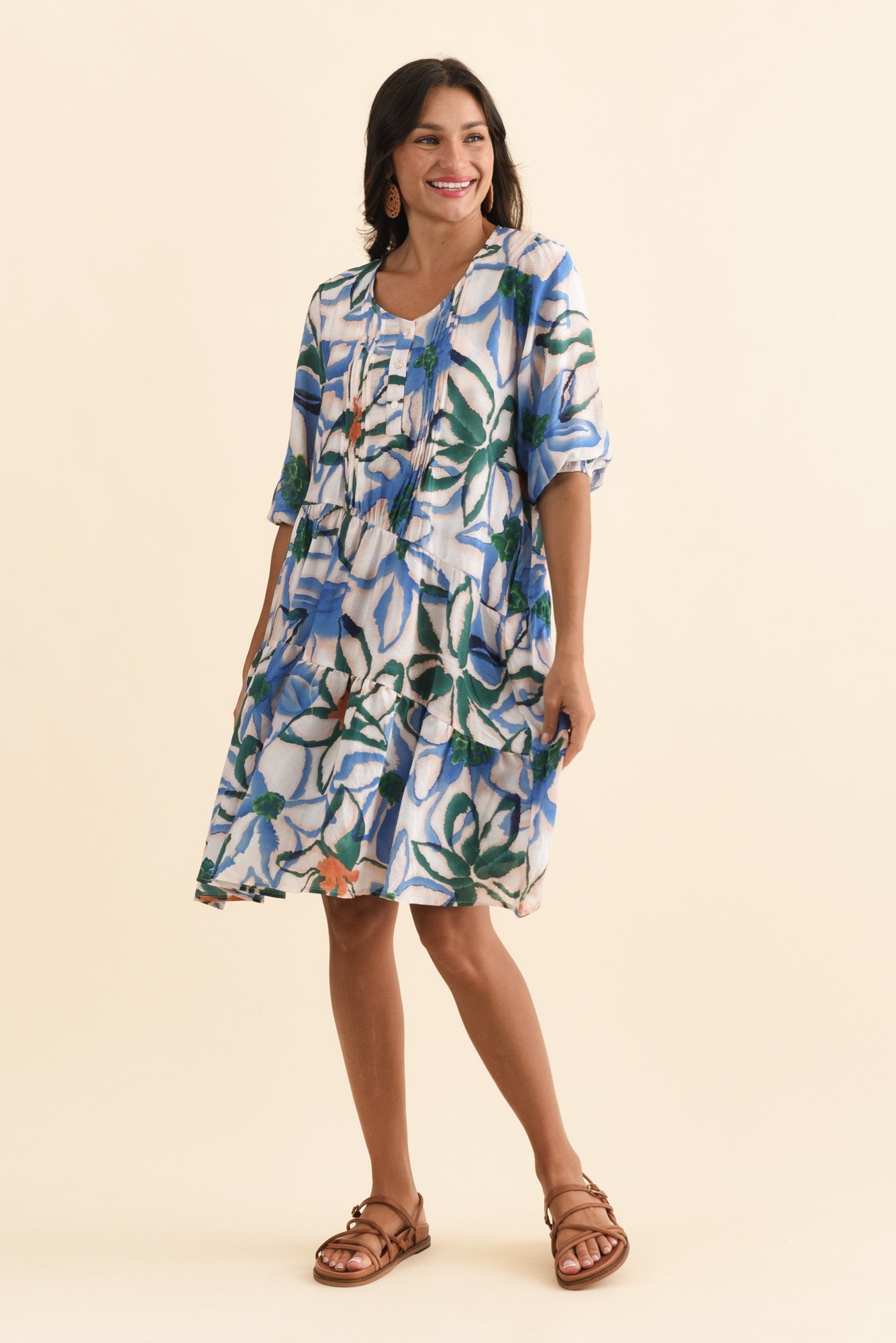 Esta Green Flower Sleeved Dress