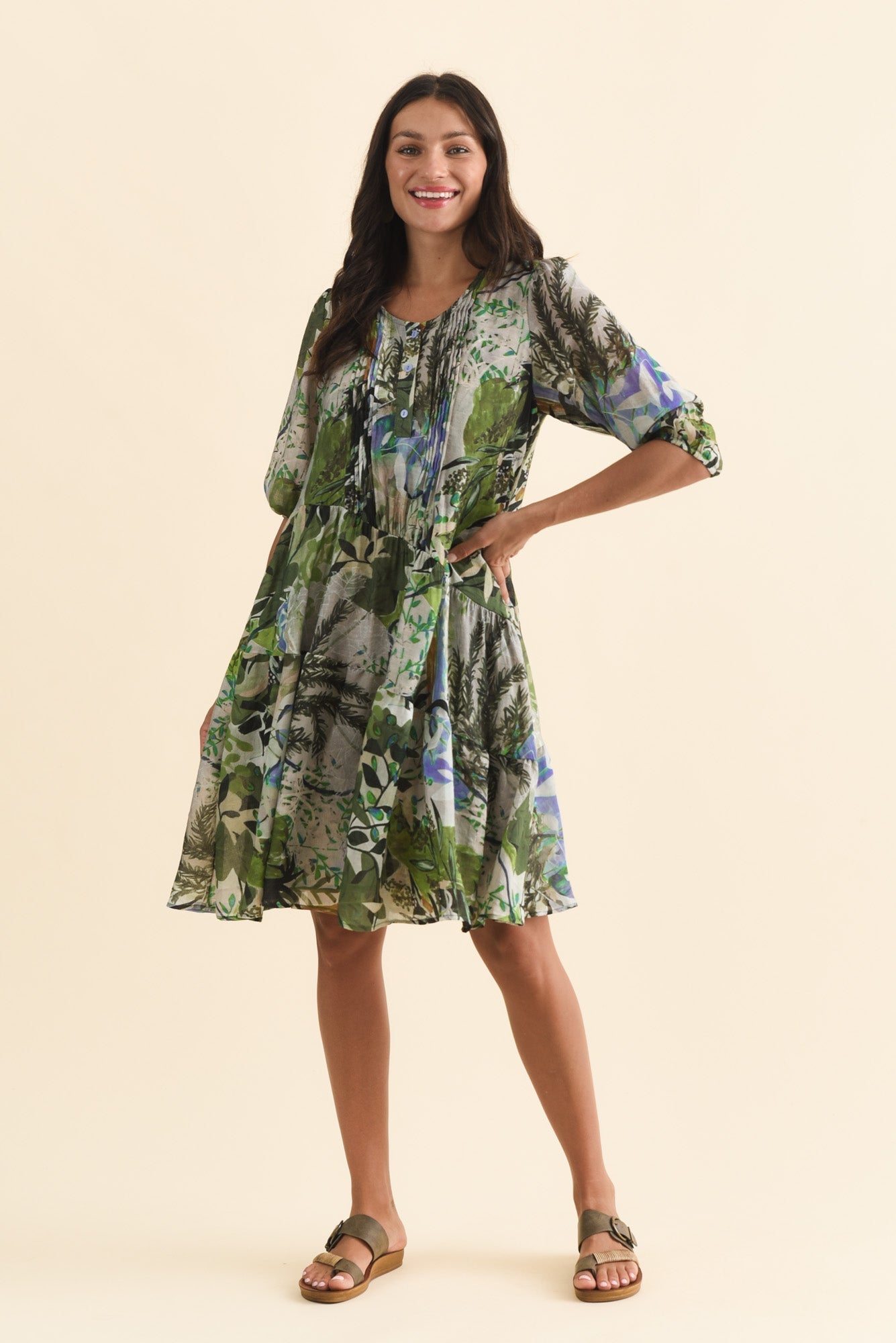 Esta Green Garden Sleeved Dress