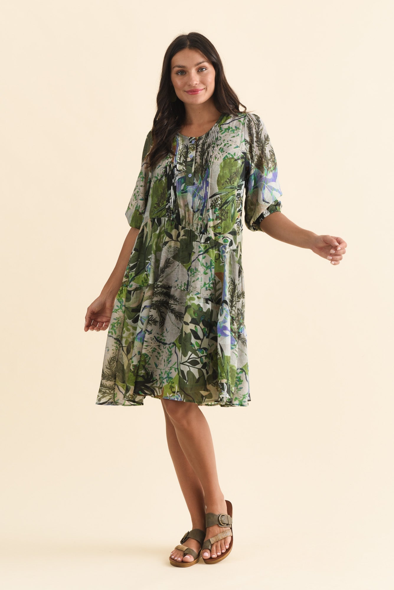 Esta Green Garden Sleeved Dress
