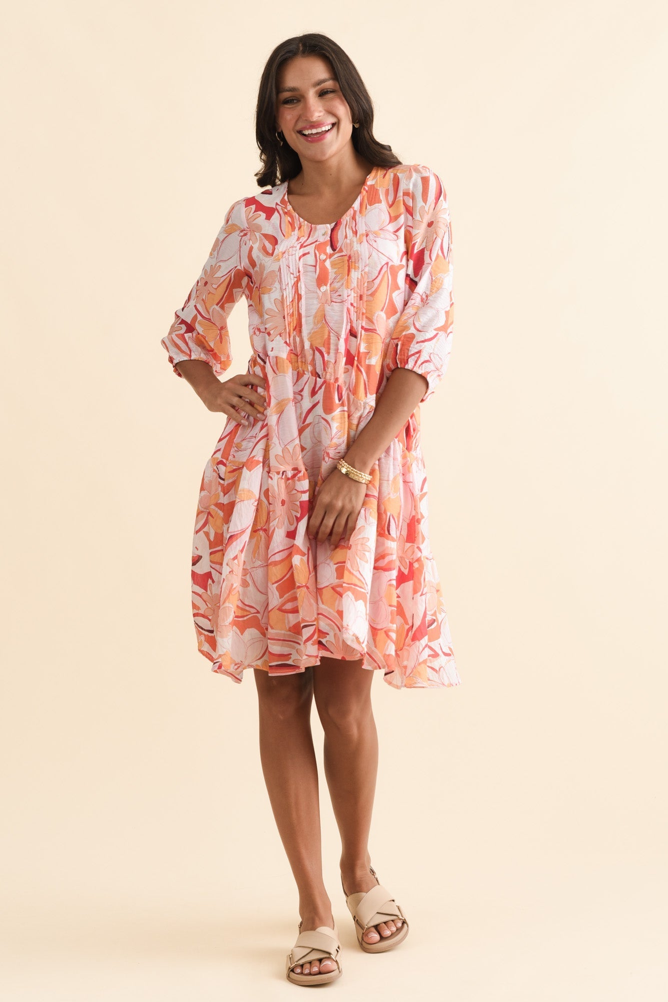 Esta Orange Flower Sleeved Dress