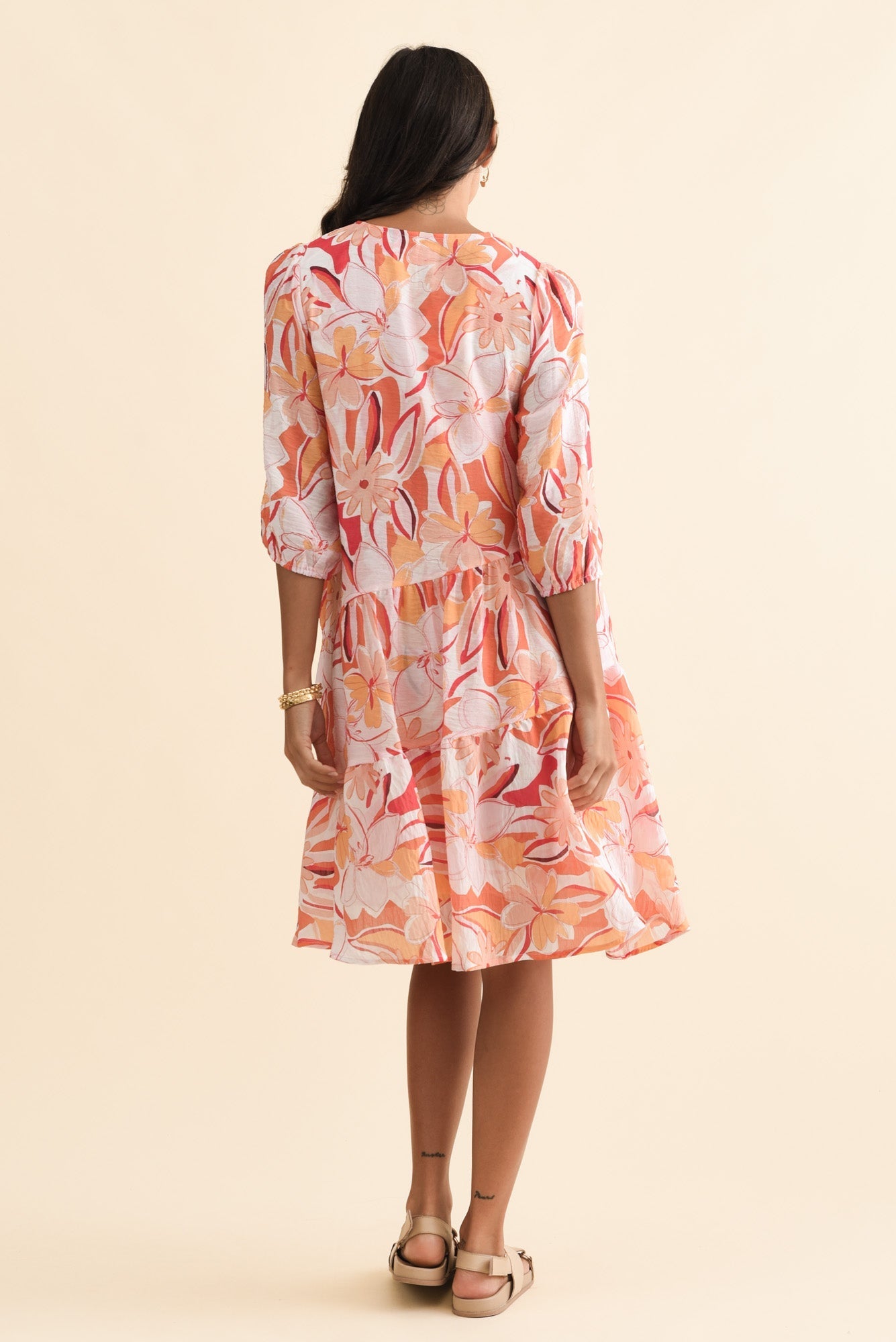 Esta Orange Flower Sleeved Dress