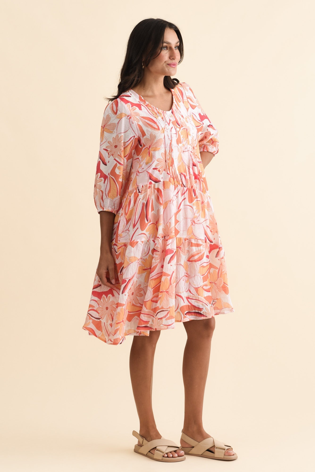 Esta Orange Flower Sleeved Dress