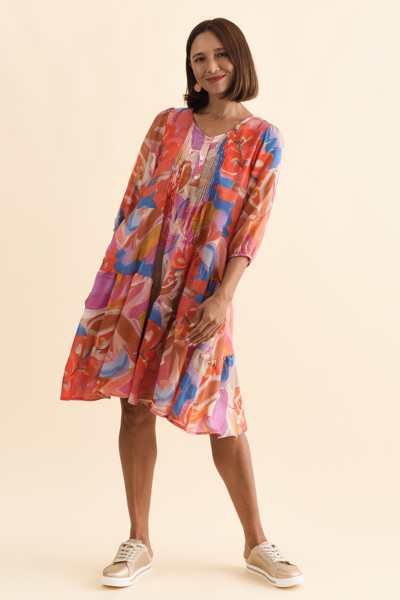 Esta Rust Abstract Sleeved Dress