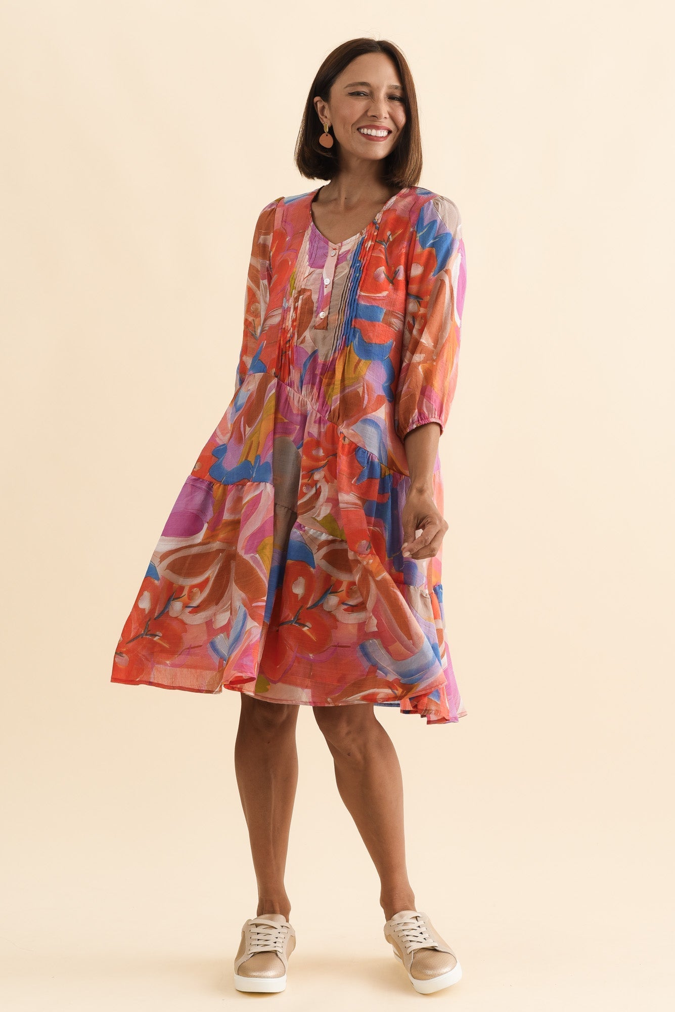 Esta Rust Abstract Sleeved Dress