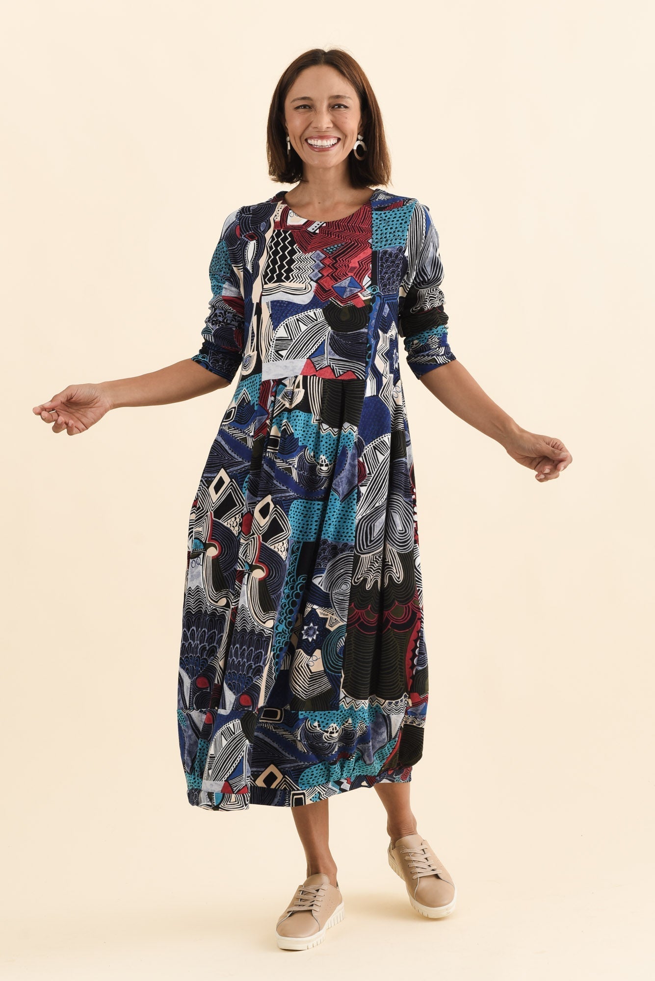 Estie Blue Abstract Pocket Midi Dress