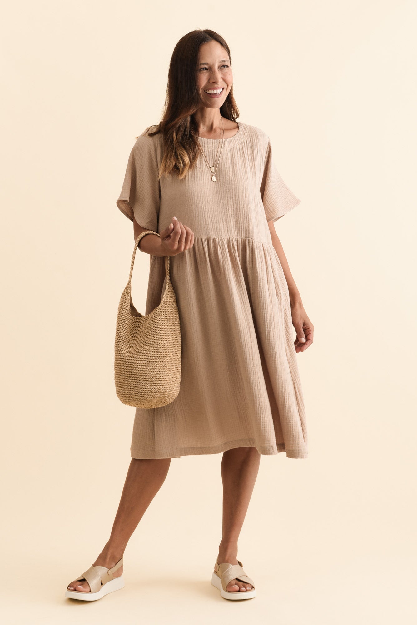 Cloud Gauze Beige Cotton Pocket Dress