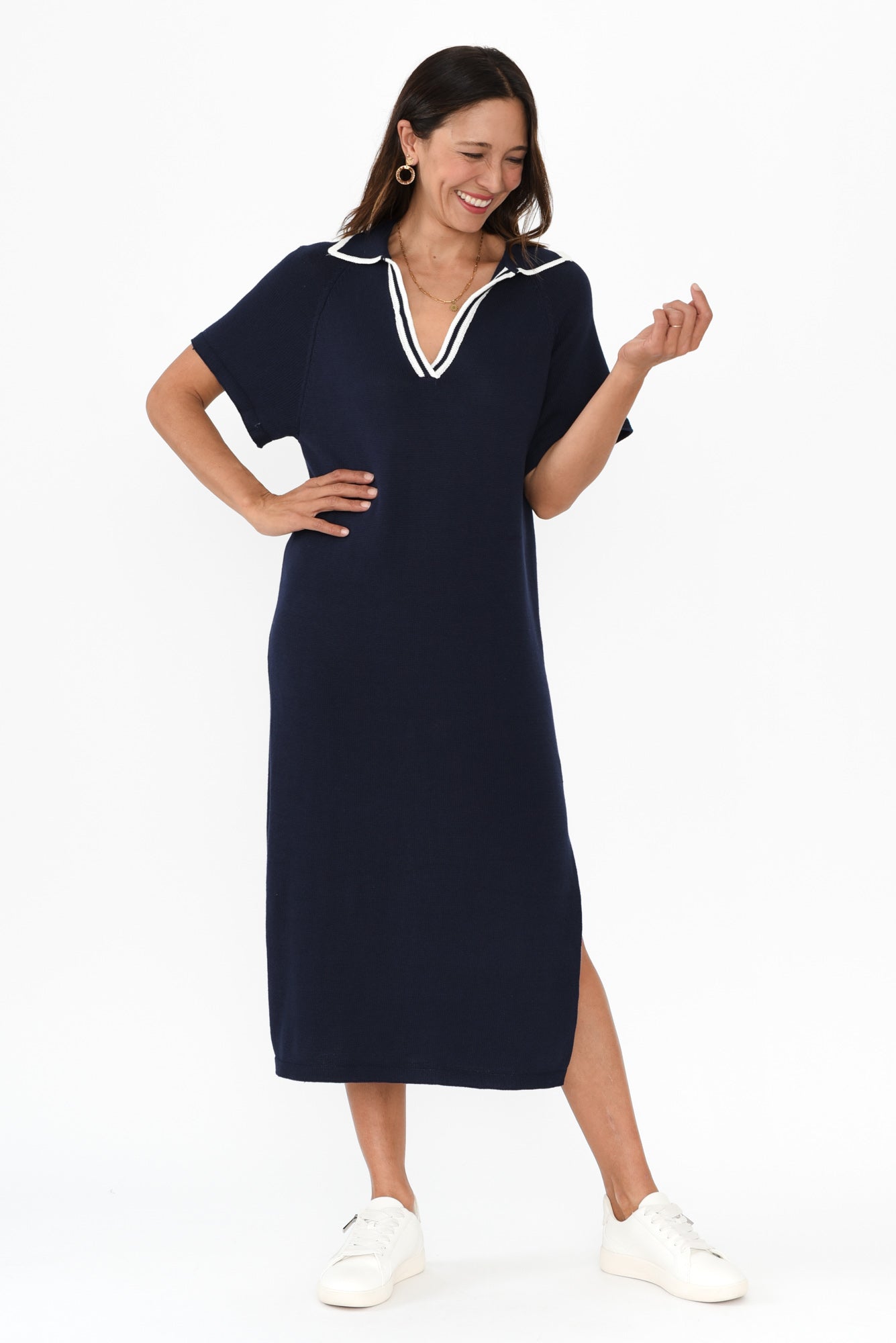 Fabiola Navy Contrast Knit Dress