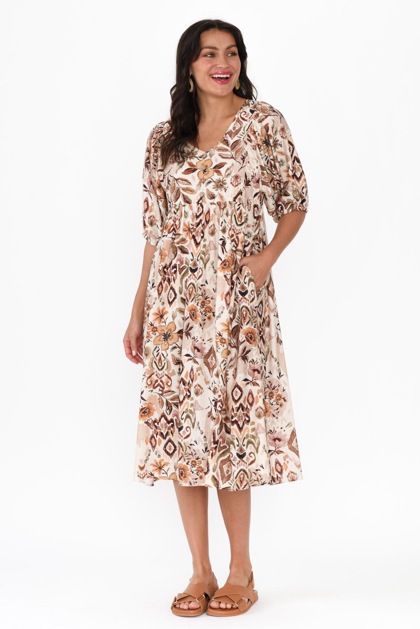 Gabriella Brown Floral Pocket Dress
