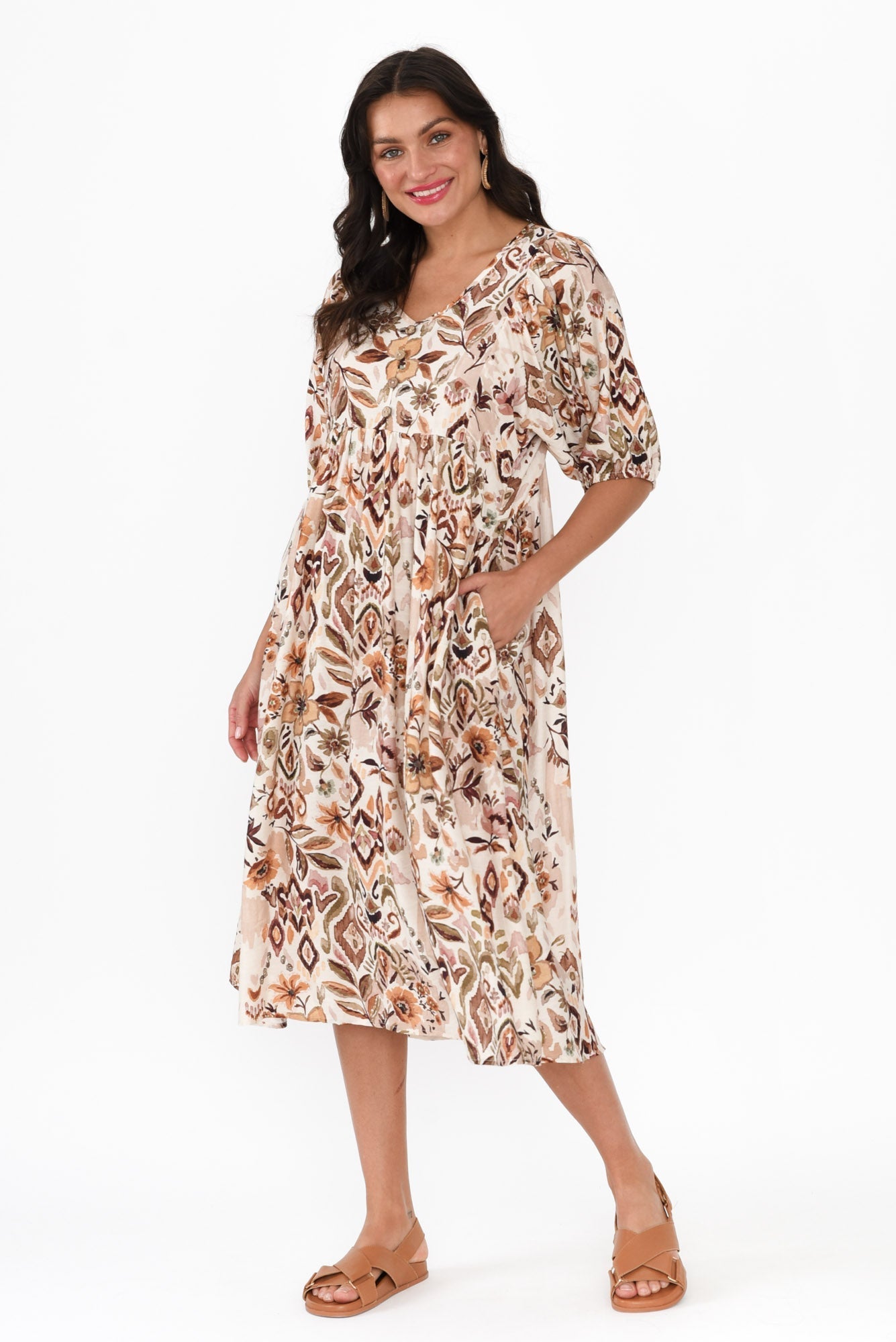 Gabriella Brown Floral Pocket Dress