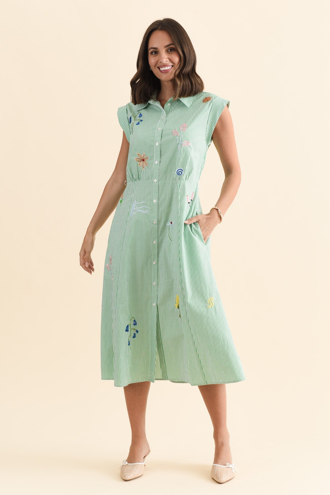 Gloria Green Stripe Cotton Tie Dress
