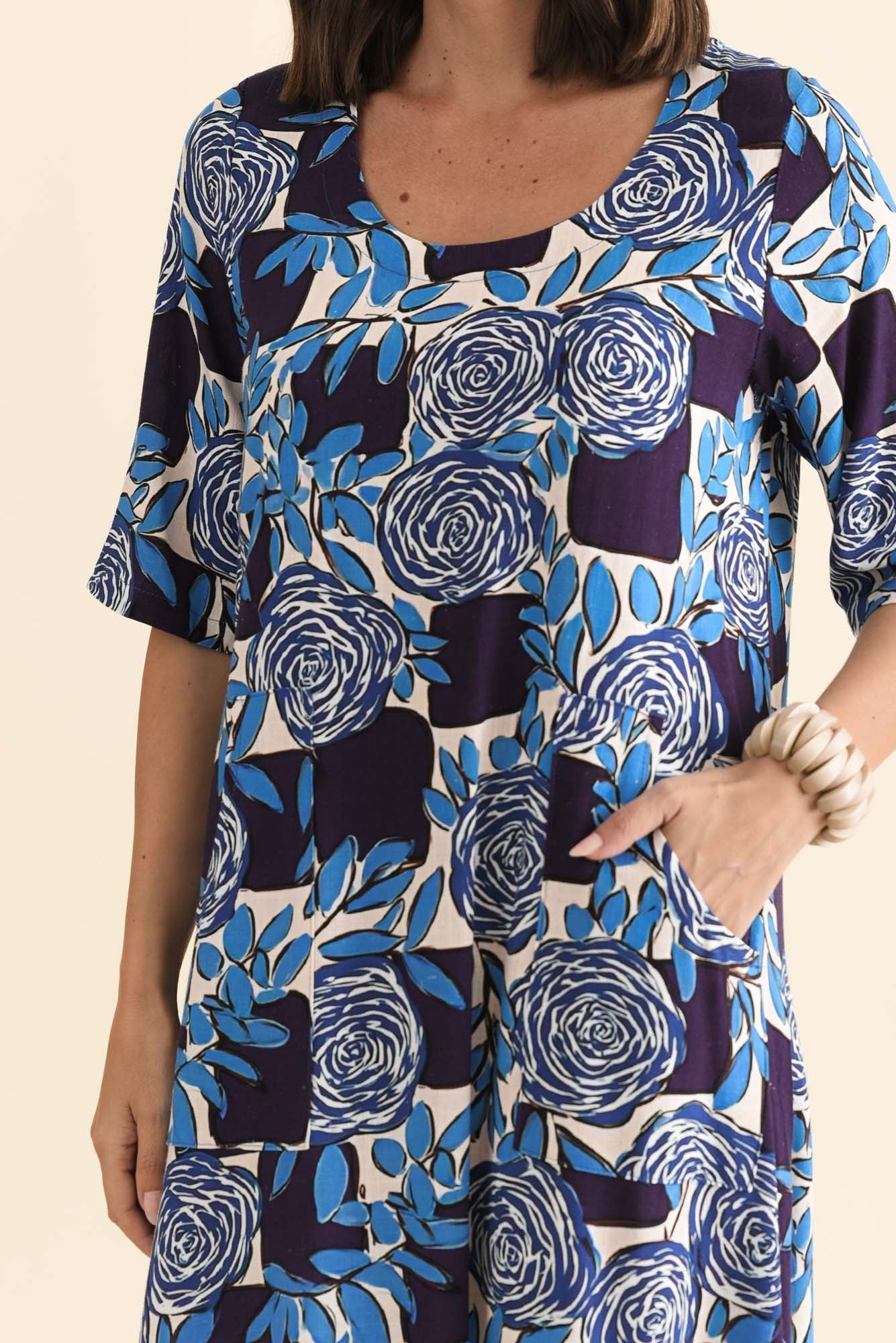 Hailee Navy Flower Linen Cotton Dress