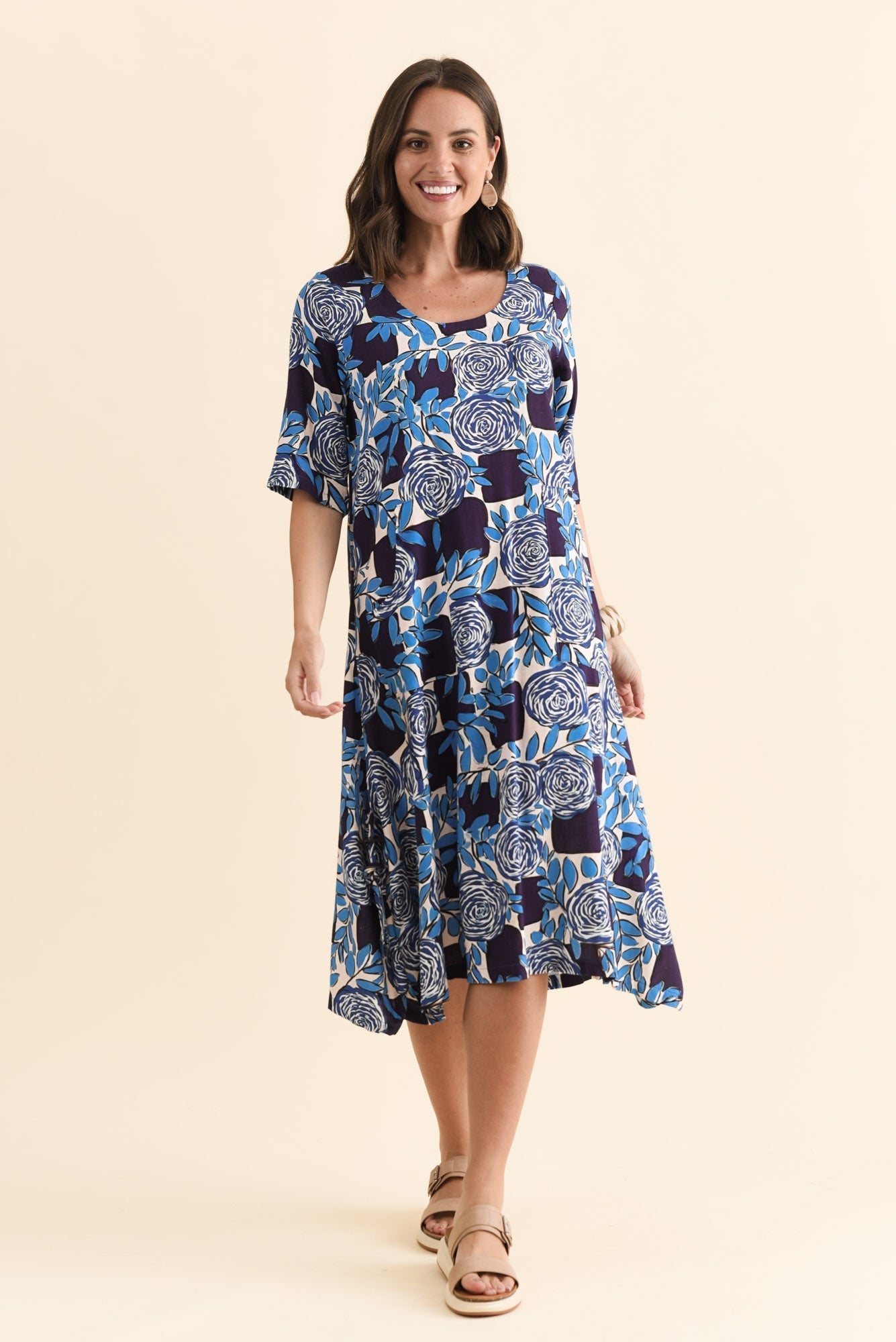 Hailee Navy Flower Linen Cotton Dress