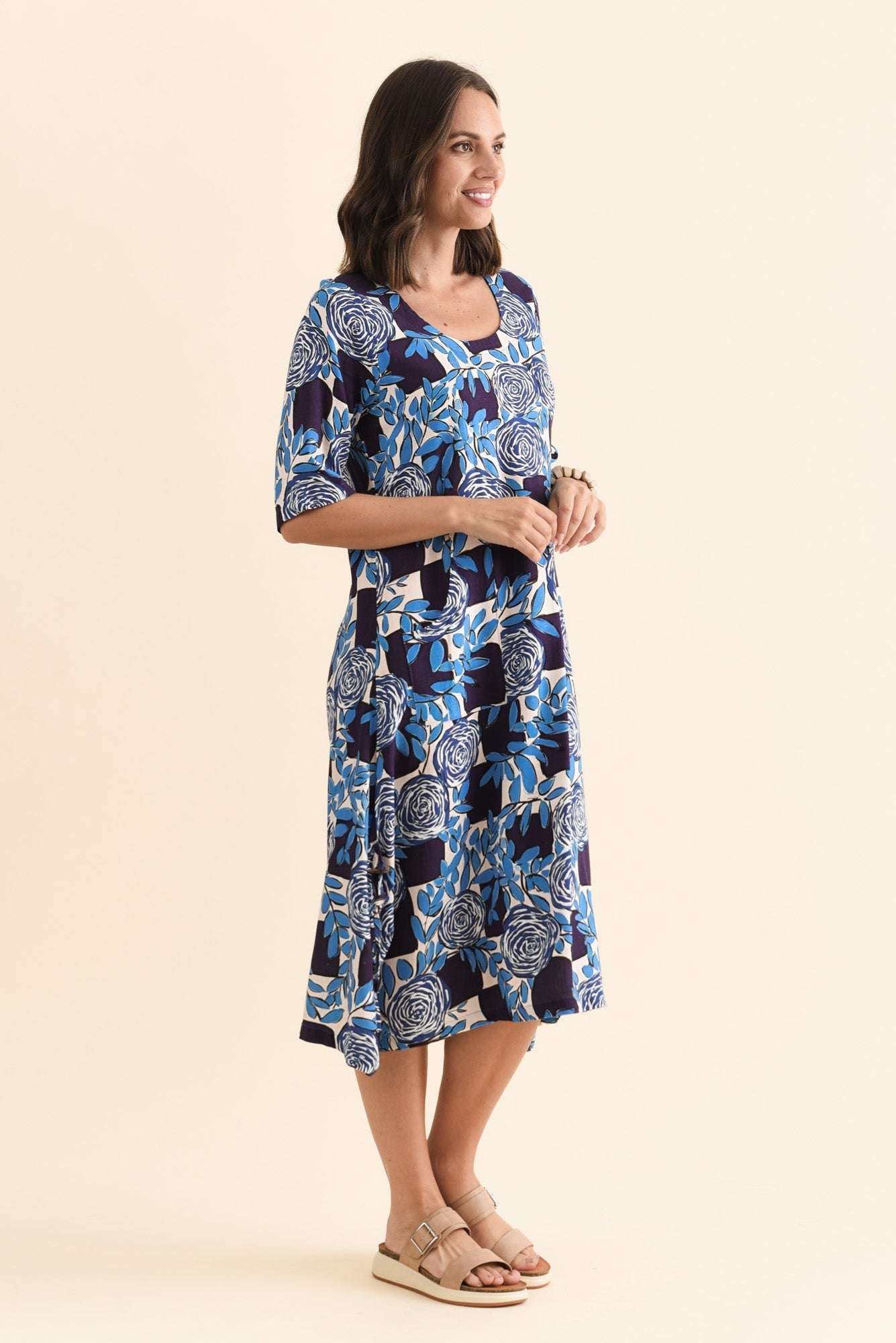 Hailee Navy Flower Linen Cotton Dress