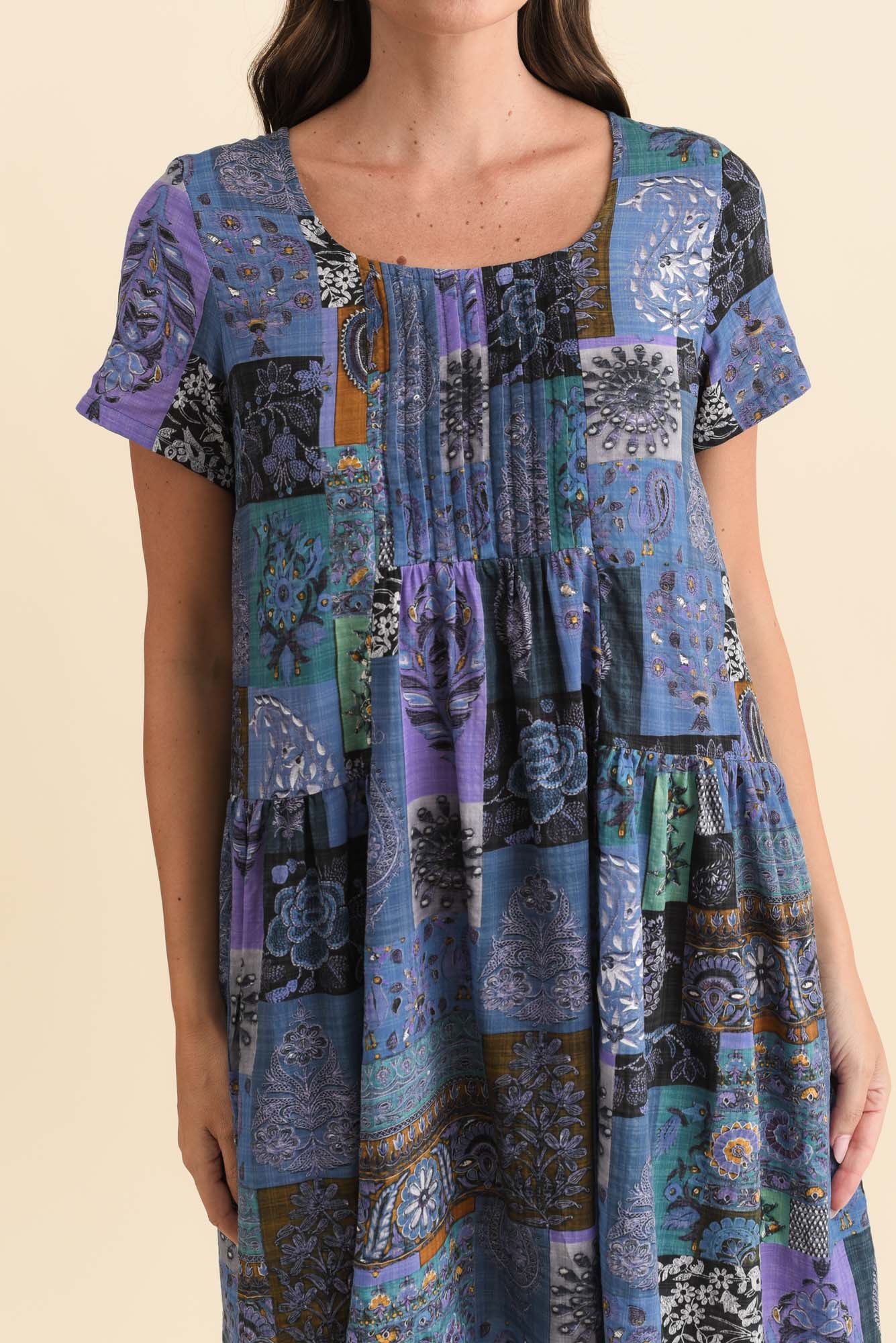 Hanoi Navy Mosaic Cotton Blend Dress Detail View