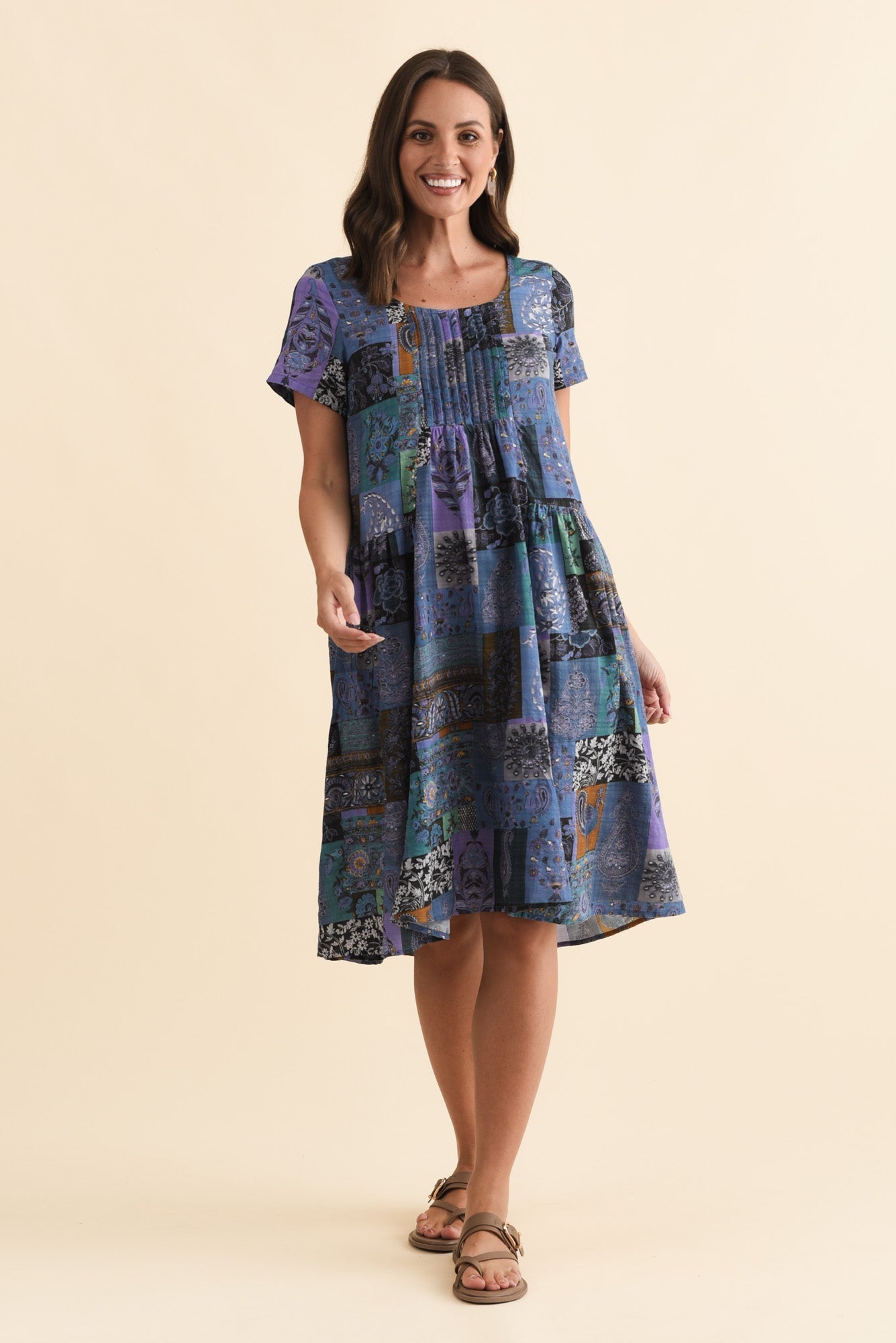 Hanoi Navy Mosaic Cotton Blend Dress
