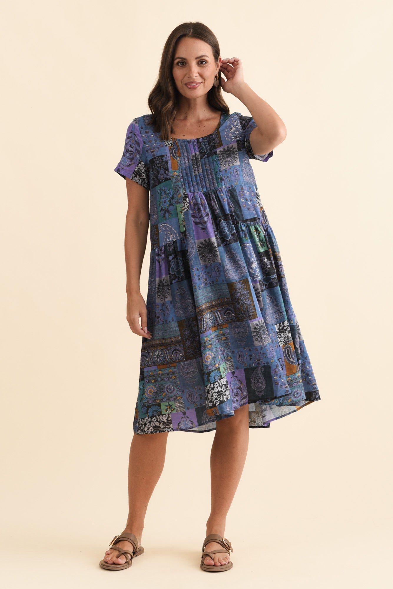 Hanoi Navy Mosaic Cotton Blend Dress