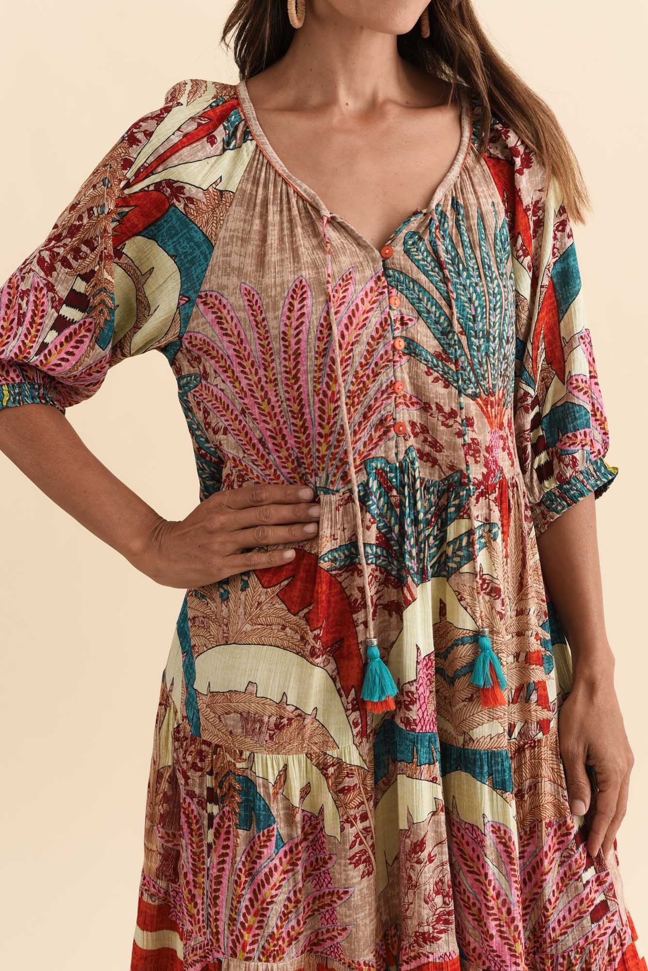 Hilaria Red Tropical Sleeved Dress