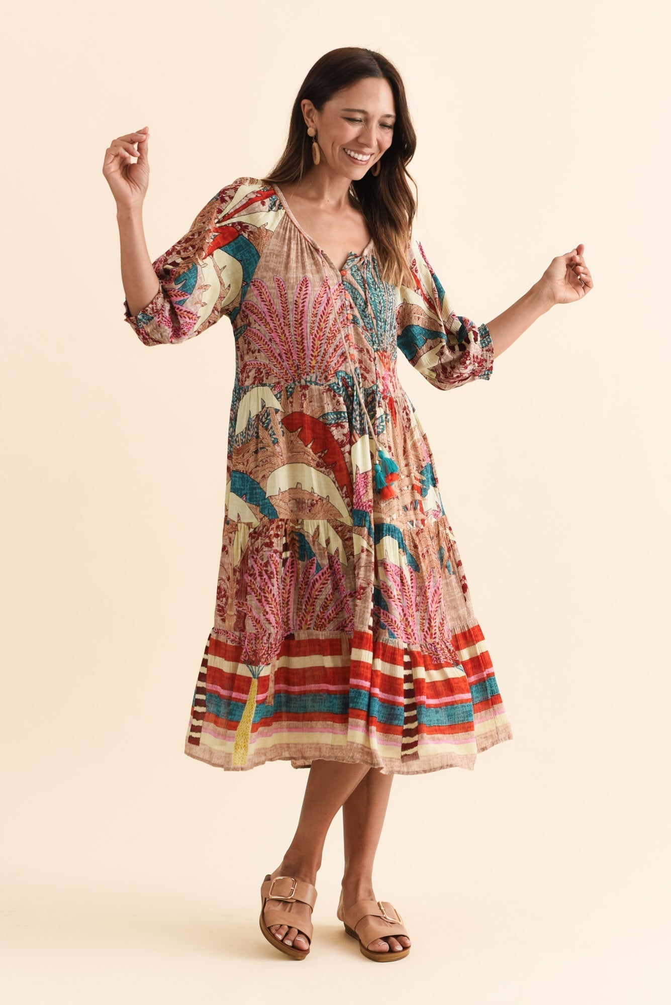 Hilaria Red Tropical Sleeved Dress