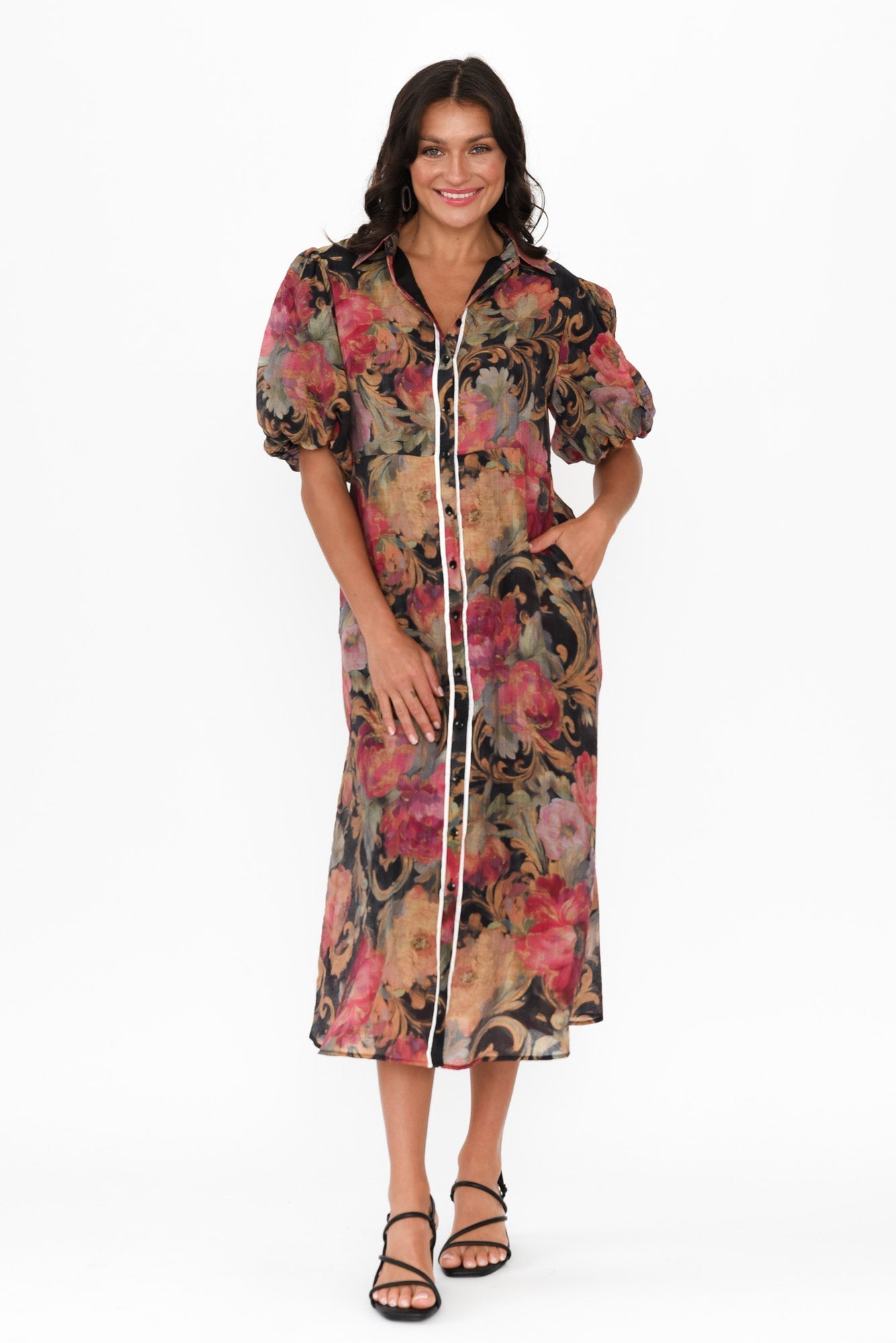 Hilma Black Floral Cotton Blend Tie Dress