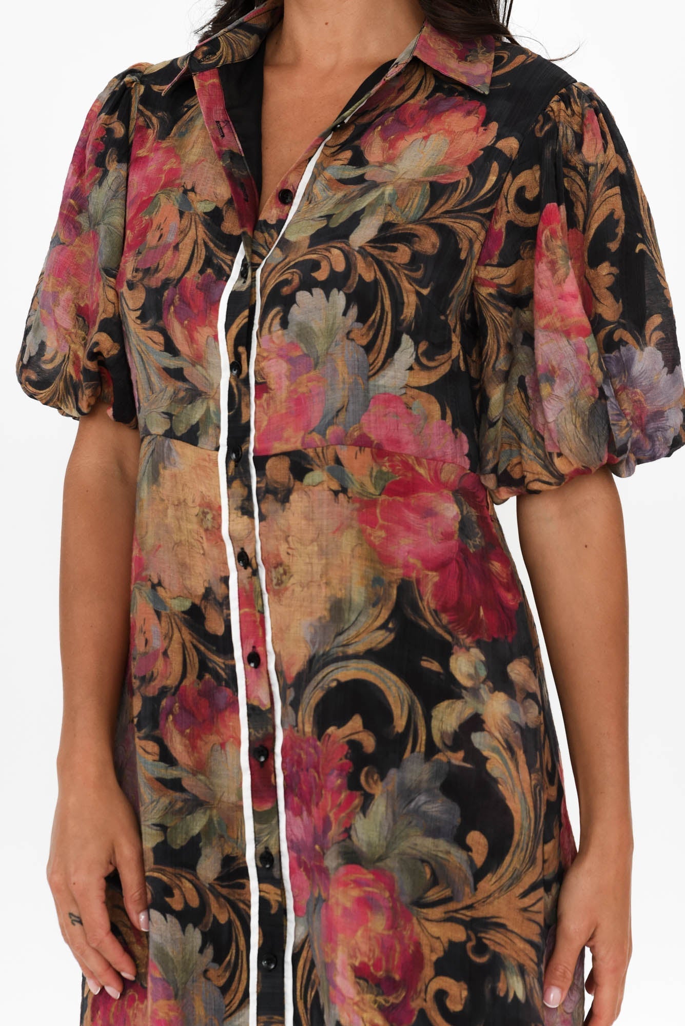 Hilma Black Floral Cotton Blend Tie Dress