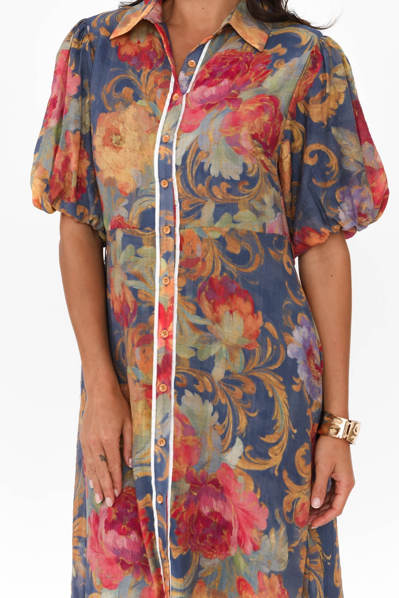 Hilma Blue Floral Cotton Blend Tie Dress