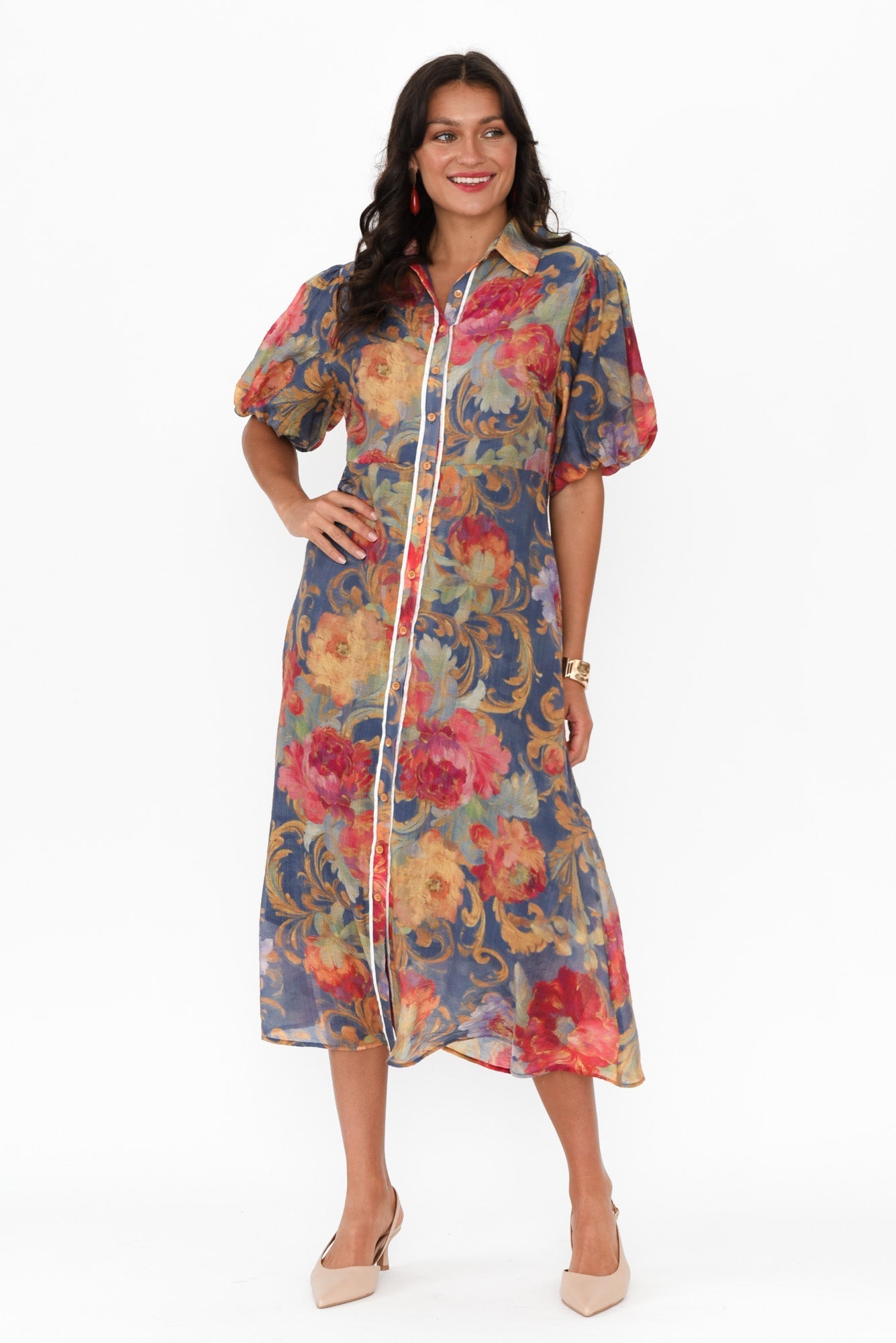Hilma Blue Floral Cotton Blend Tie Dress