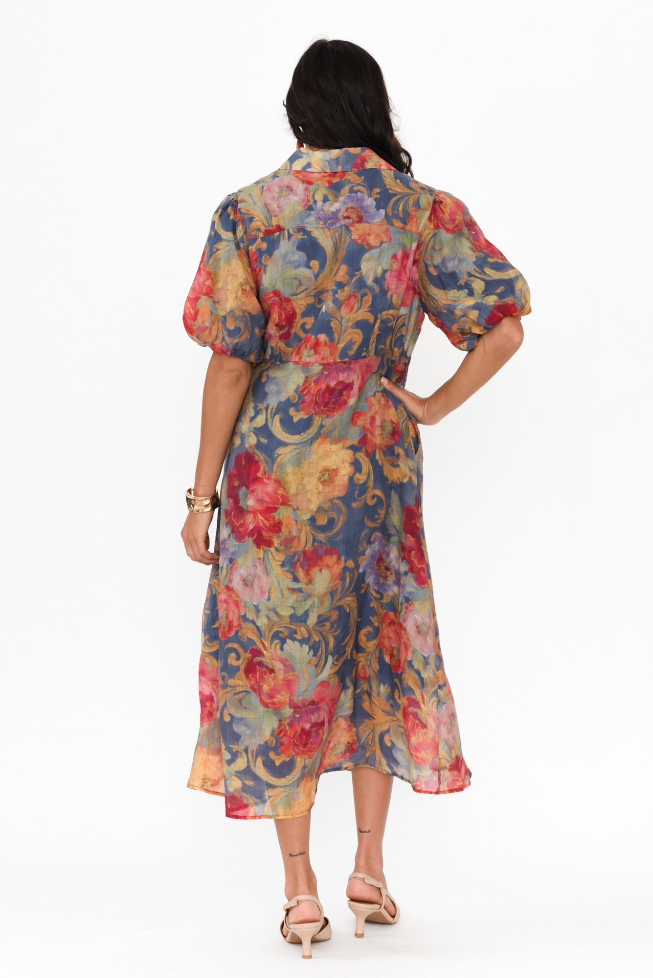 Hilma Blue Floral Cotton Blend Tie Dress