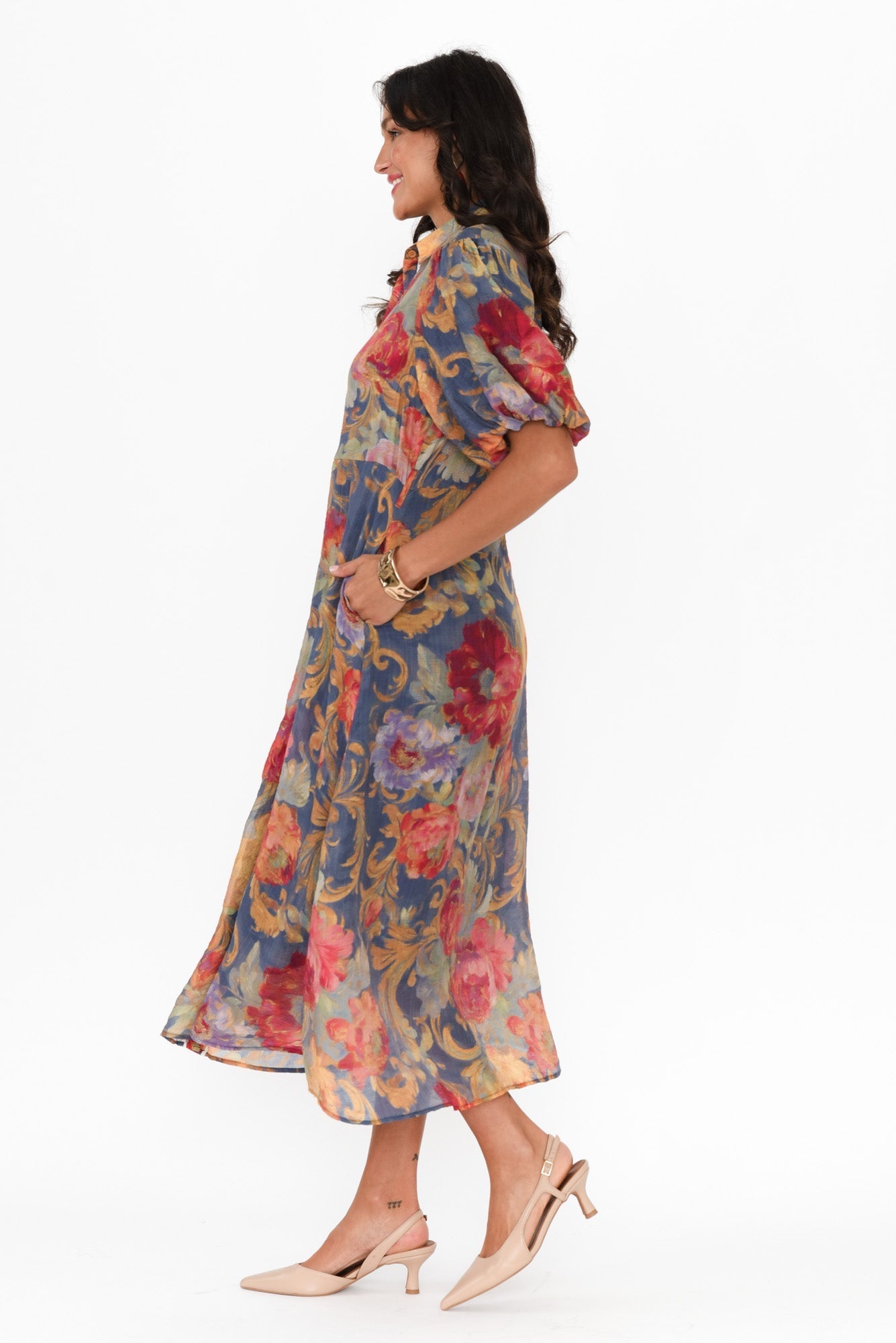 Hilma Blue Floral Cotton Blend Tie Dress