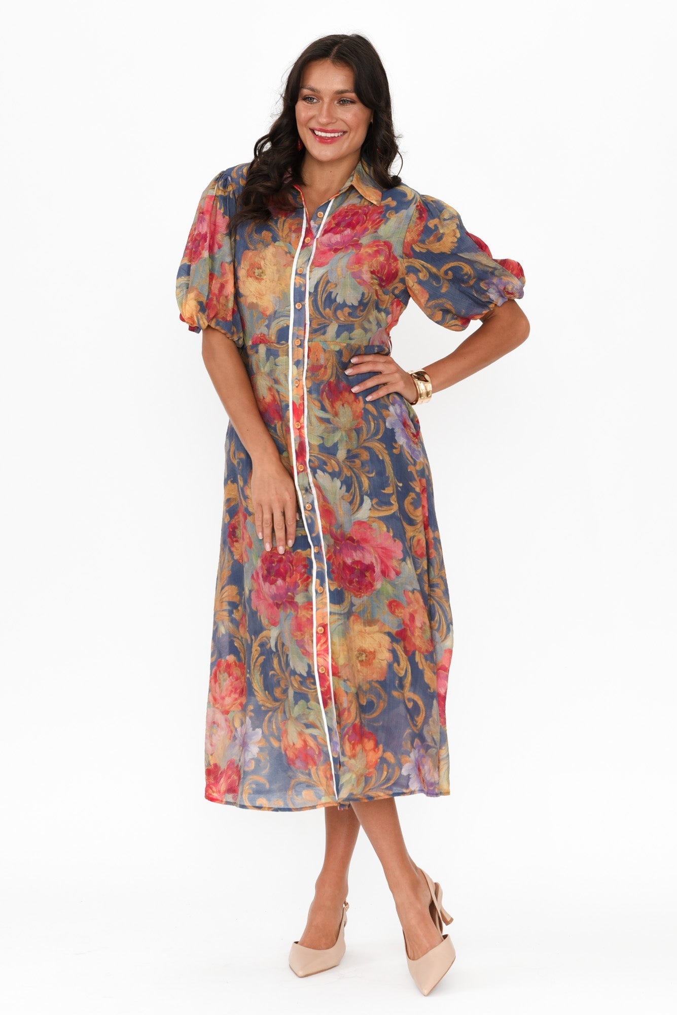 Hilma Blue Floral Cotton Blend Tie Dress