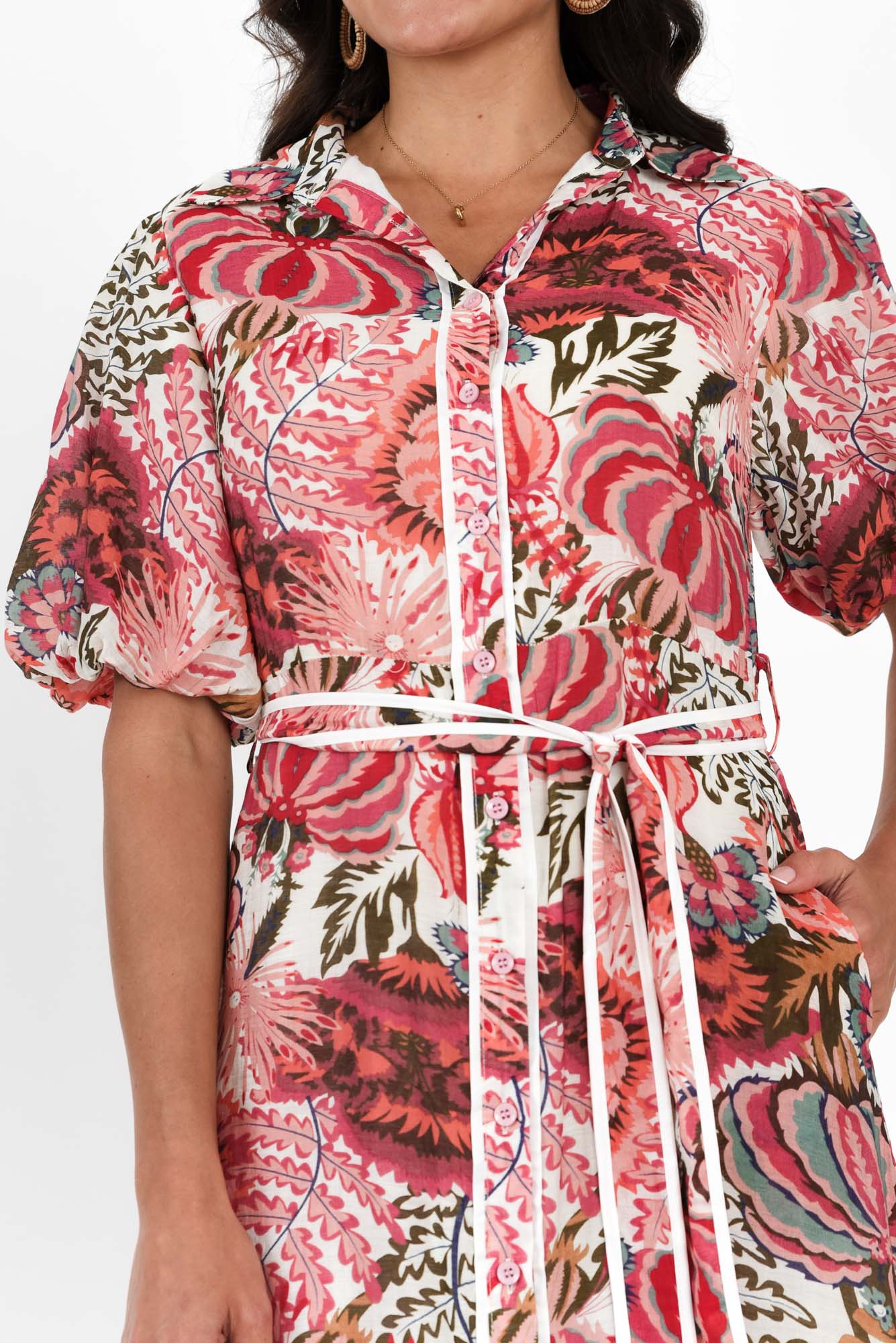 Hilma Pink Floral Cotton Blend Tie Dress