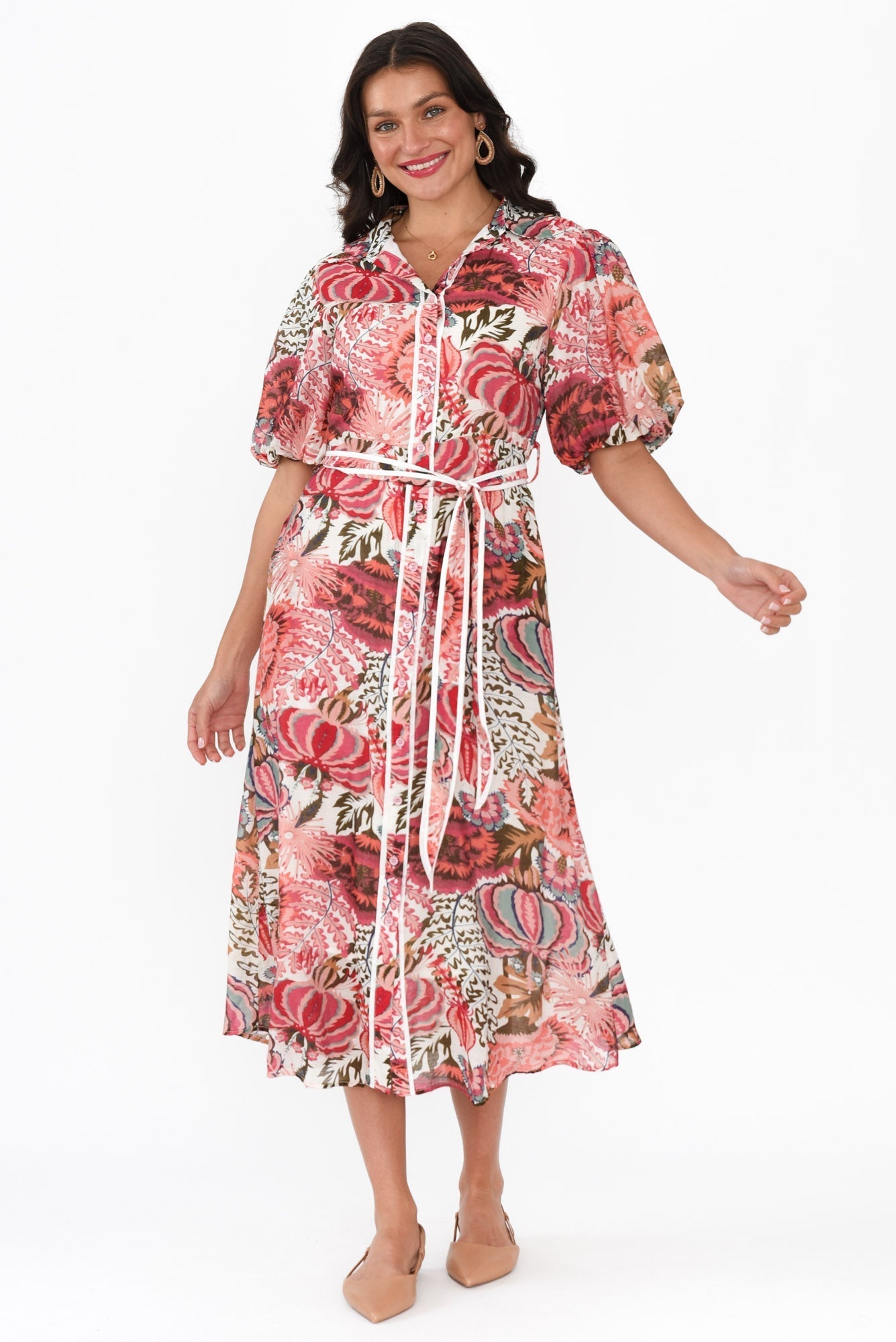 Hilma Pink Floral Cotton Blend Tie Dress