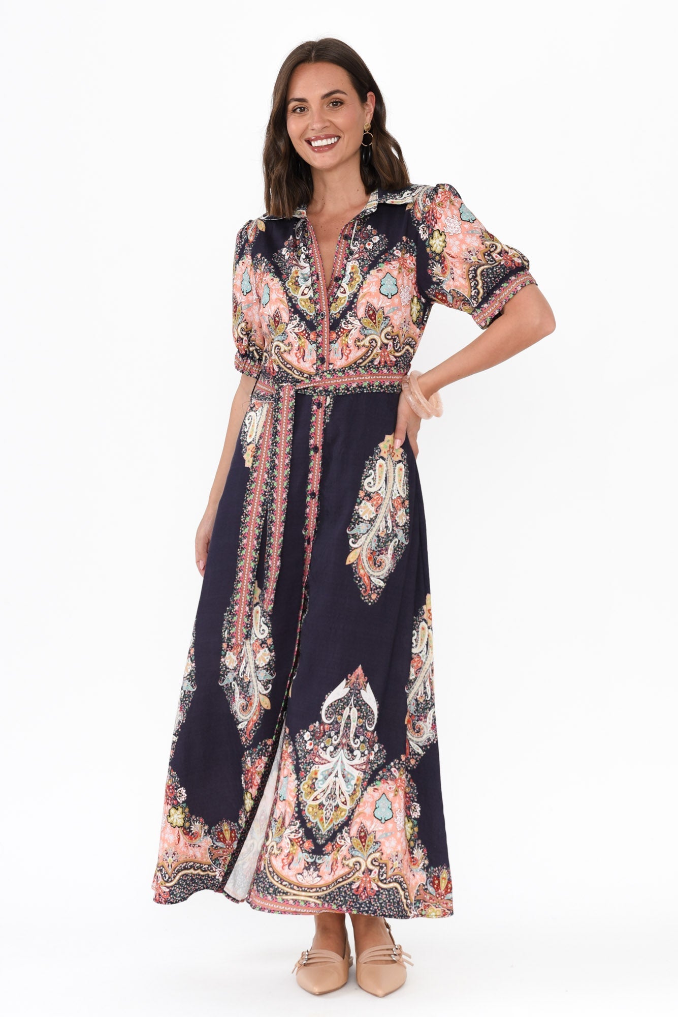 Ingrid Navy Mosaic Linen Cotton Dress