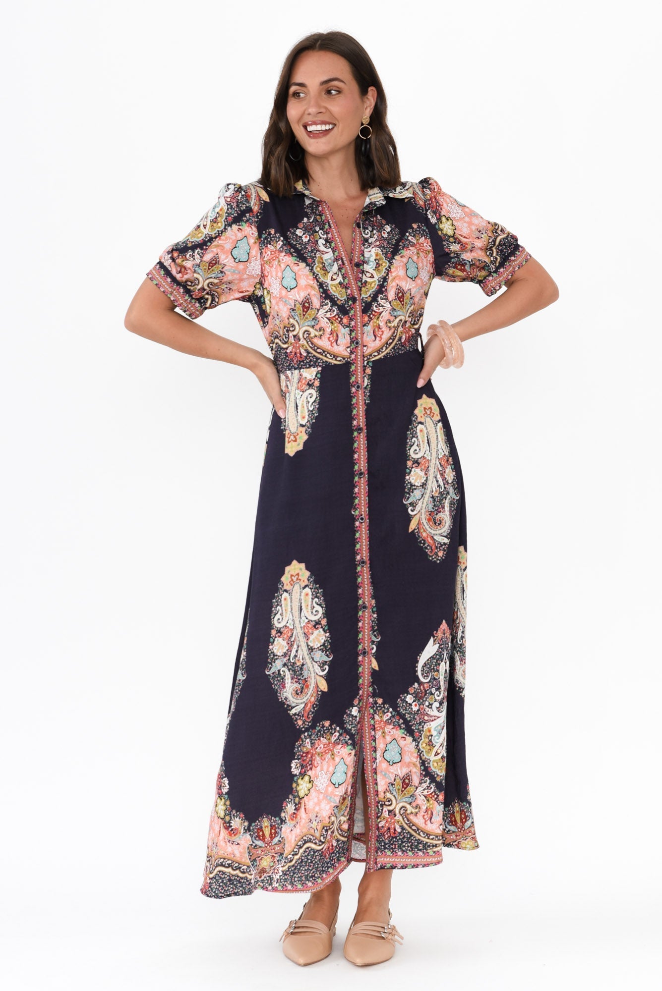 Ingrid Navy Mosaic Linen Cotton Dress