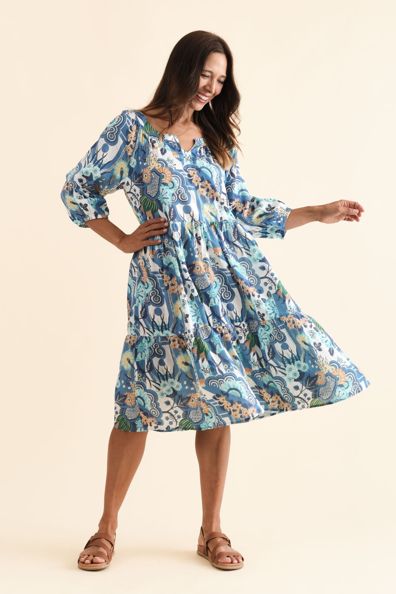 Irene Blue Floral Cotton Blend Dress