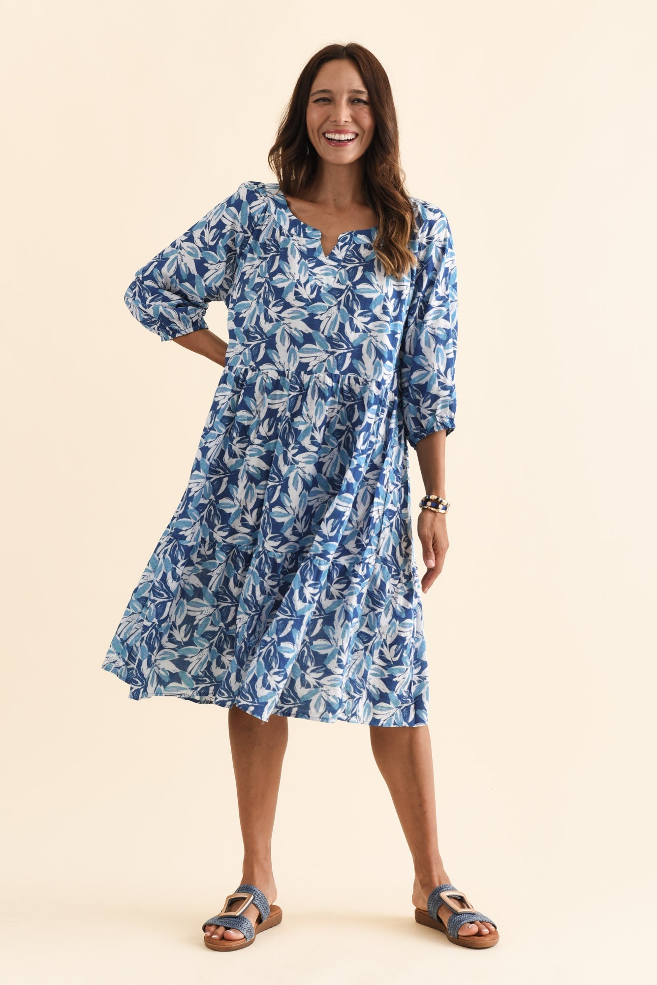 Irene Blue Leaf Cotton Blend Dress