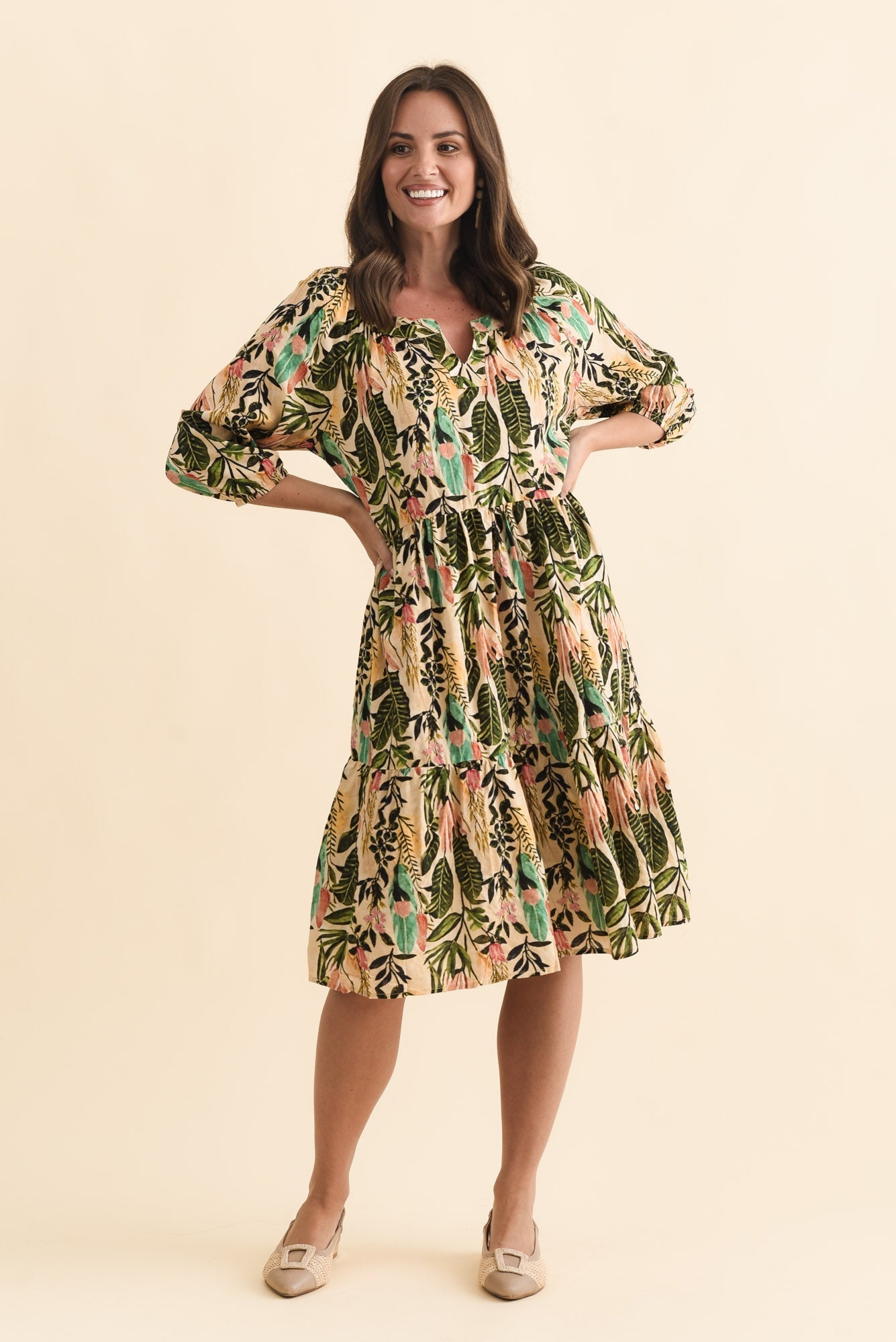 Irene Green Leaf Cotton Blend Dress