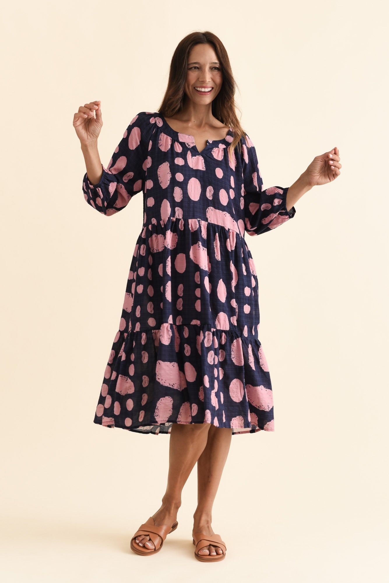 Irene Navy Spot Cotton Blend Dress