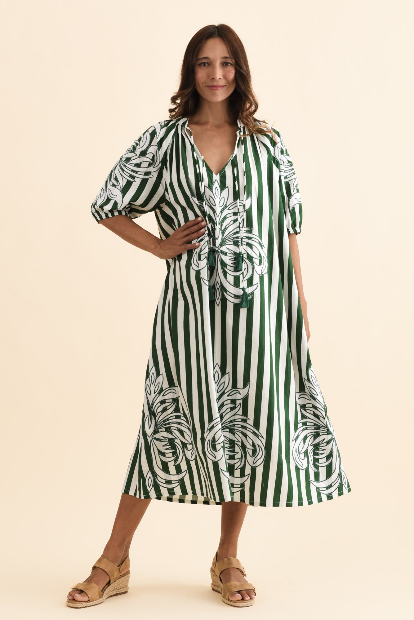Ivanka Green Stripe Cotton Tie Dress