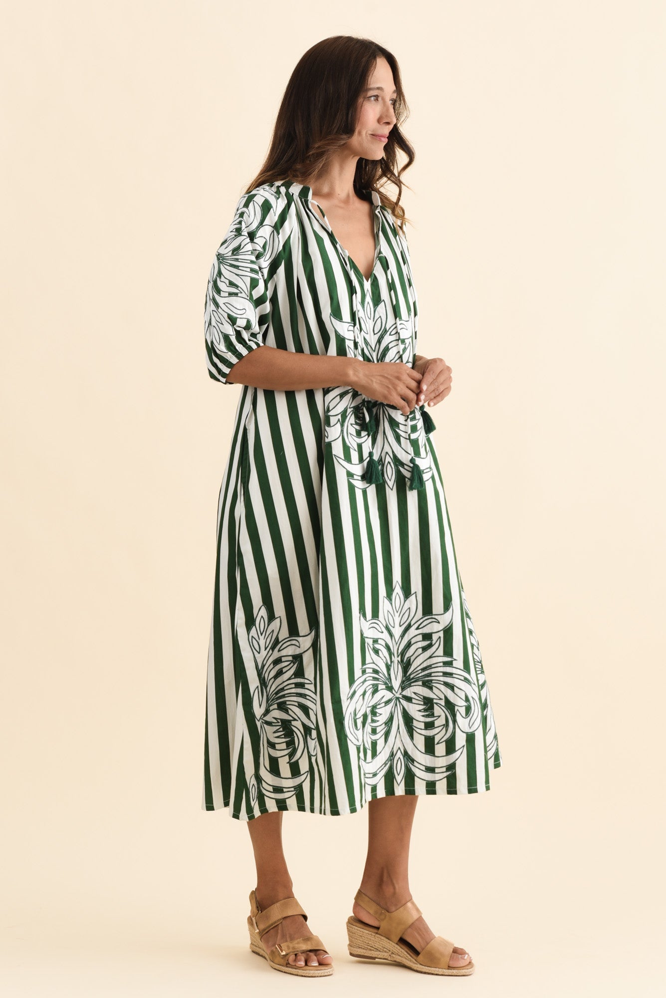 Ivanka Green Stripe Cotton Tie Dress