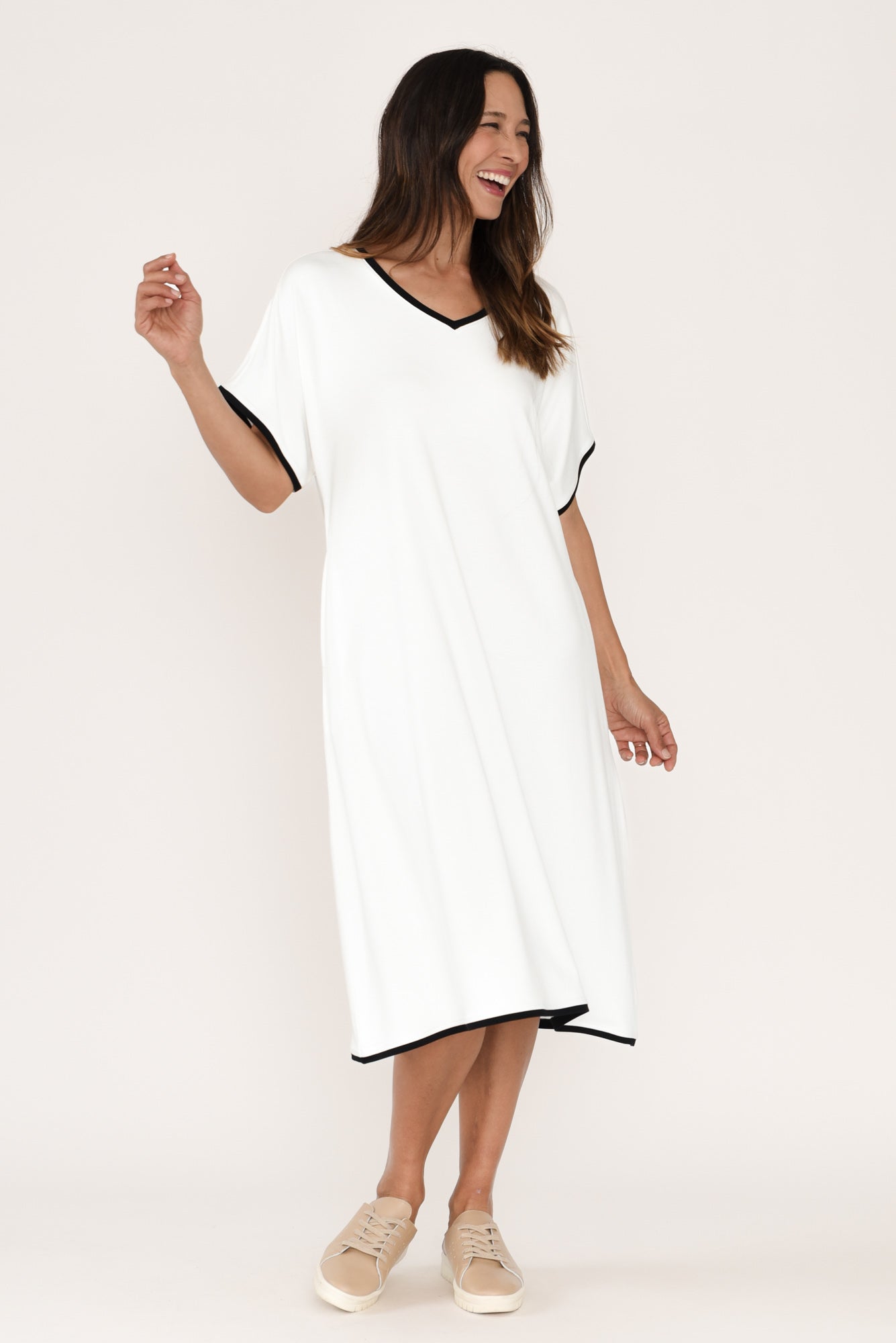 Jemima White Contrast V Neck Dress