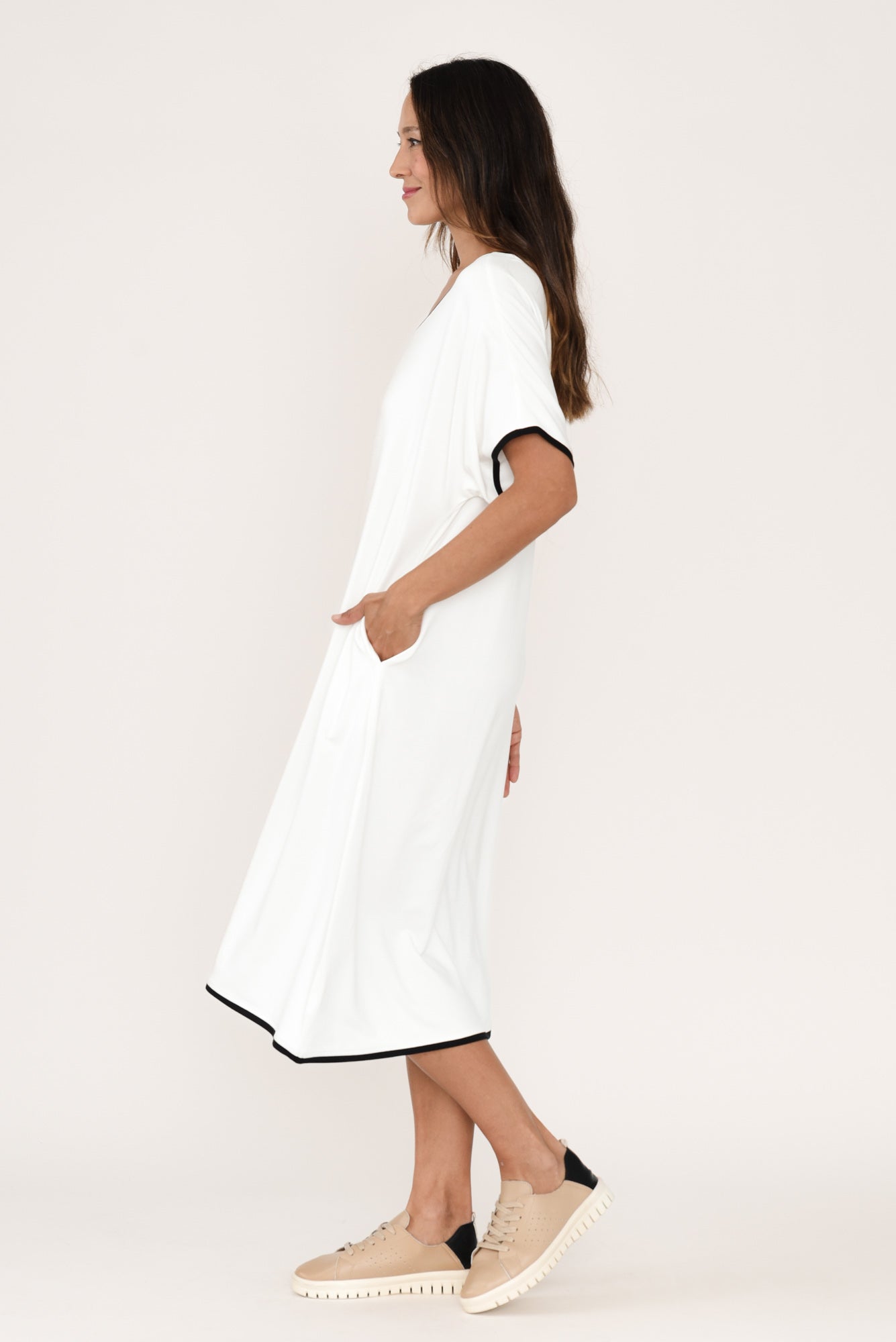 Jemima White Contrast V Neck Dress