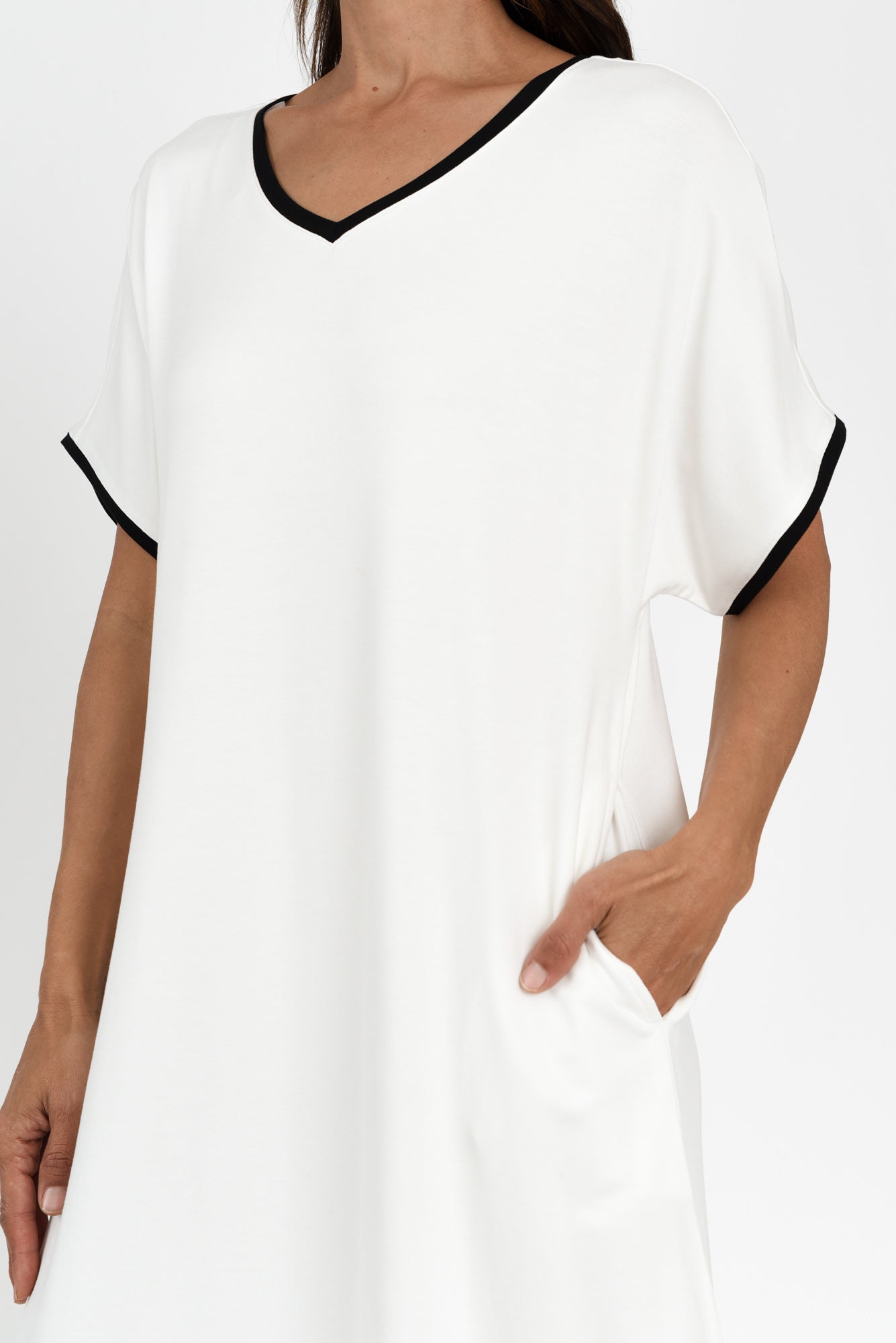 Jemima White Contrast V Neck Dress