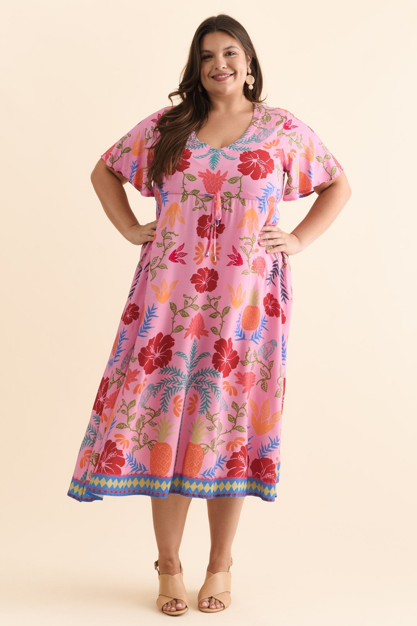 Jennifer Pink Tropical Flutter Sleeve Dress
