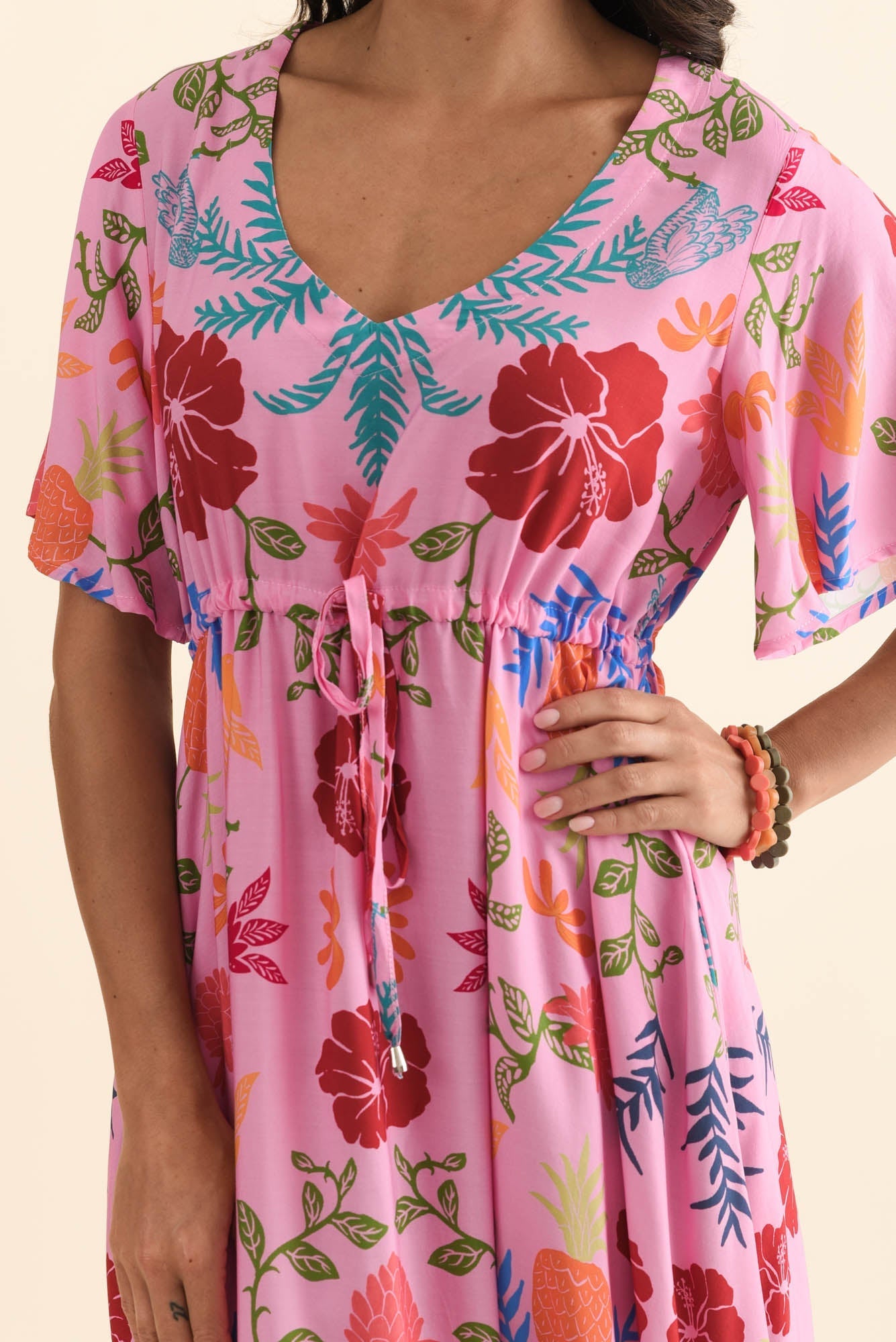 Jennifer Pink Tropical Flutter Sleeve Dress