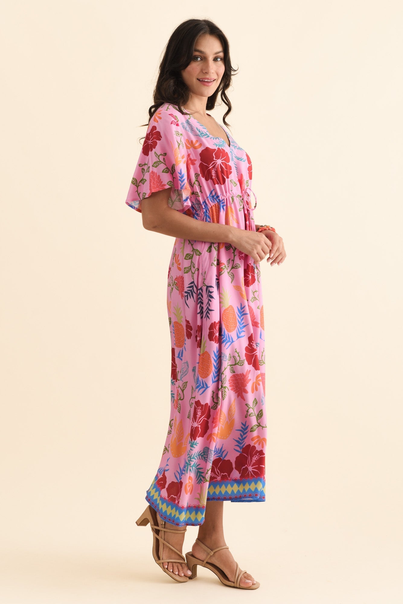 Jennifer Pink Tropical Flutter Sleeve Dress