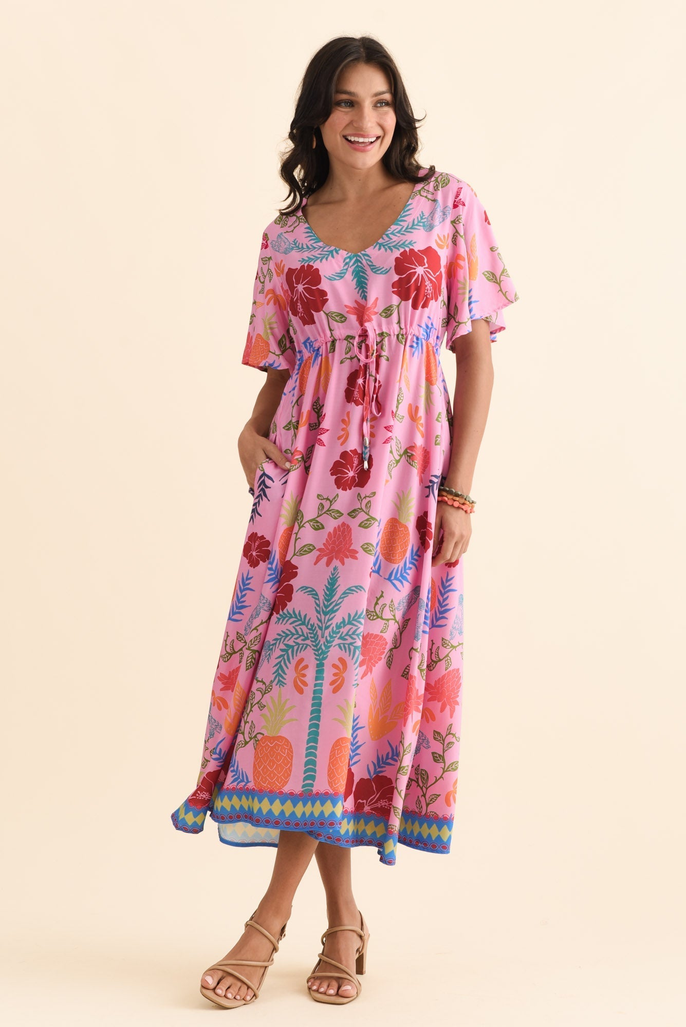 Jennifer Pink Tropical Flutter Sleeve Dress